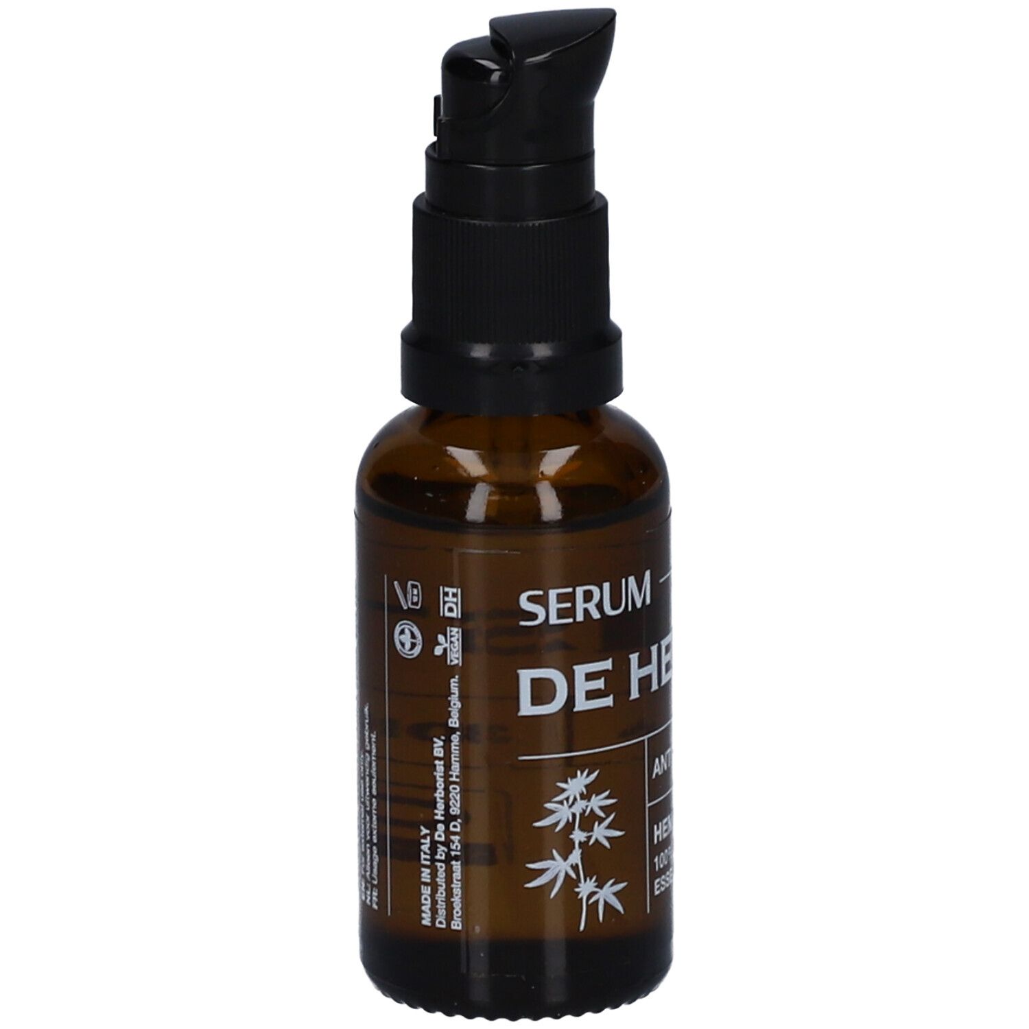 Flacon en verre brun avec pompe noire. Inscription : Sérum, DE HERBORIST, Anti-âge, Extrait de chanvre, huiles essentielles 100% naturelles.