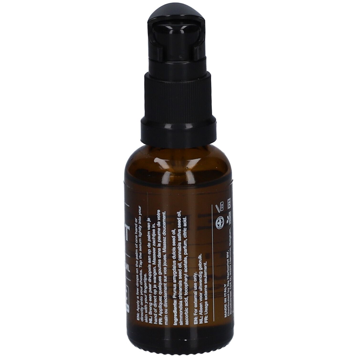 Flacon en verre brun avec pompe noire. Inscription : Sérum, DE HERBORIST, Anti-âge, Extrait de chanvre, huiles essentielles 100% naturelles.