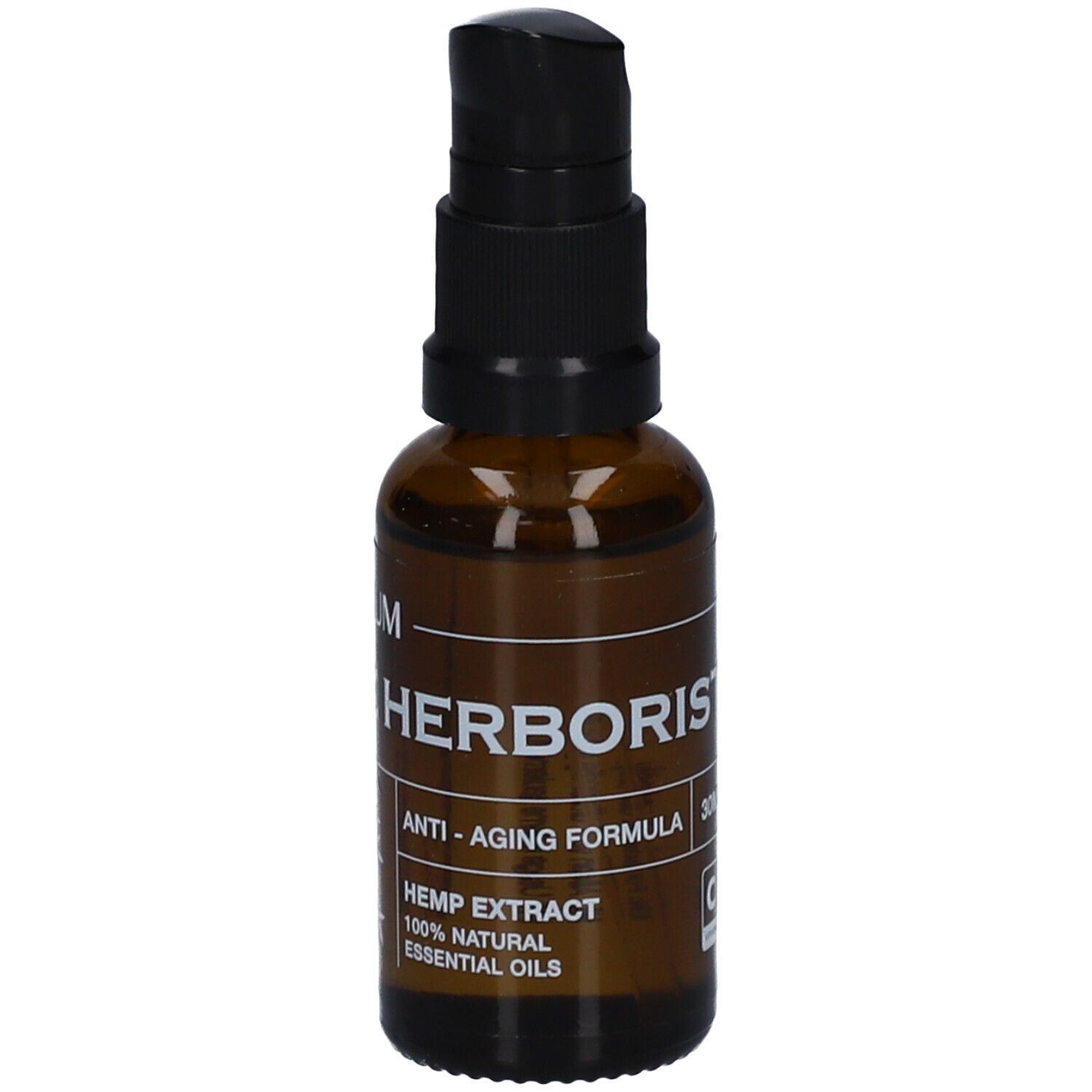 Flacon en verre brun avec pompe noire. Inscription : Sérum, DE HERBORIST, Anti-âge, Extrait de chanvre, 30ml.