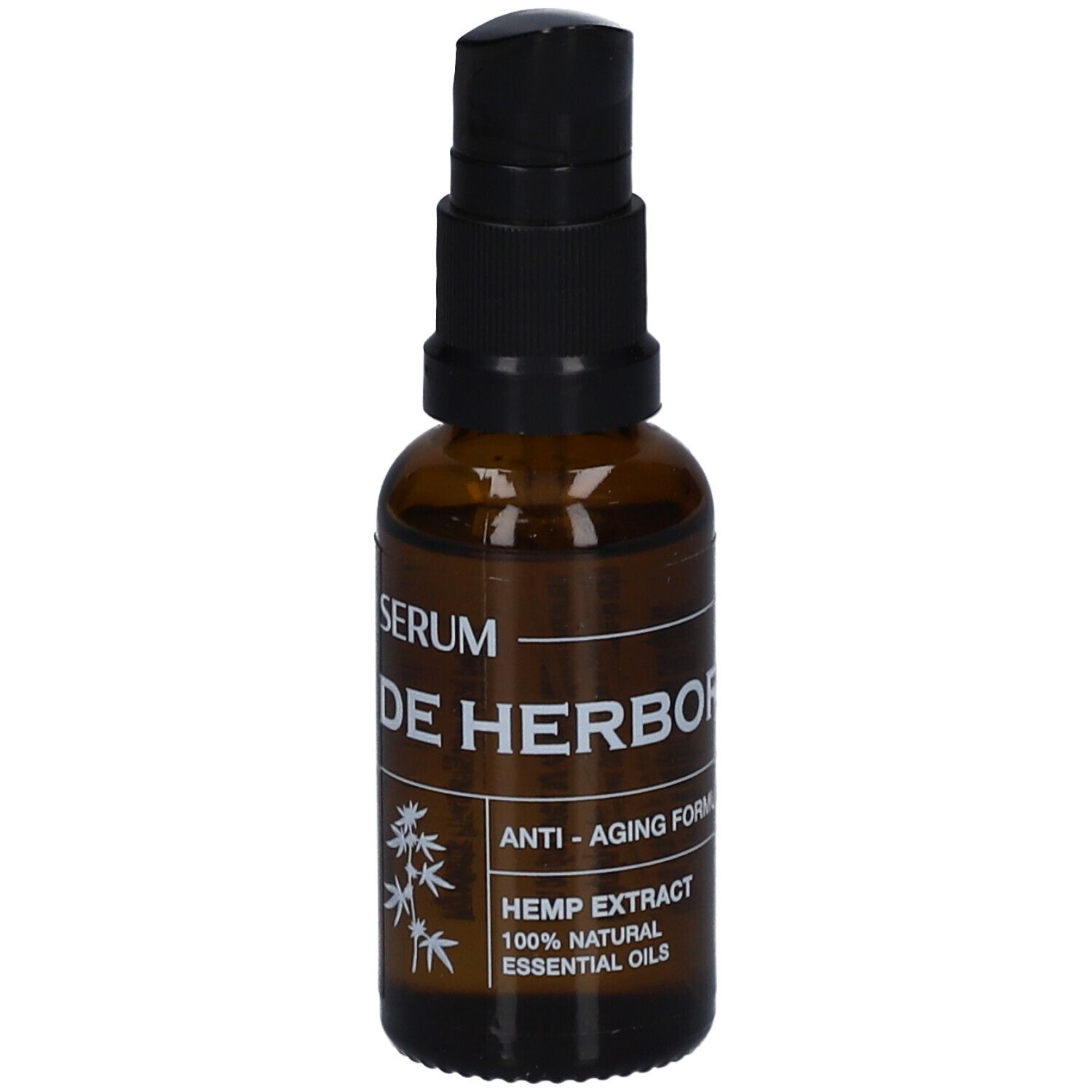 Flacon en verre brun avec pompe noire. Inscription : Sérum, DE HERBORIST, Anti-âge, Extrait de chanvre, huiles essentielles 100% naturelles.