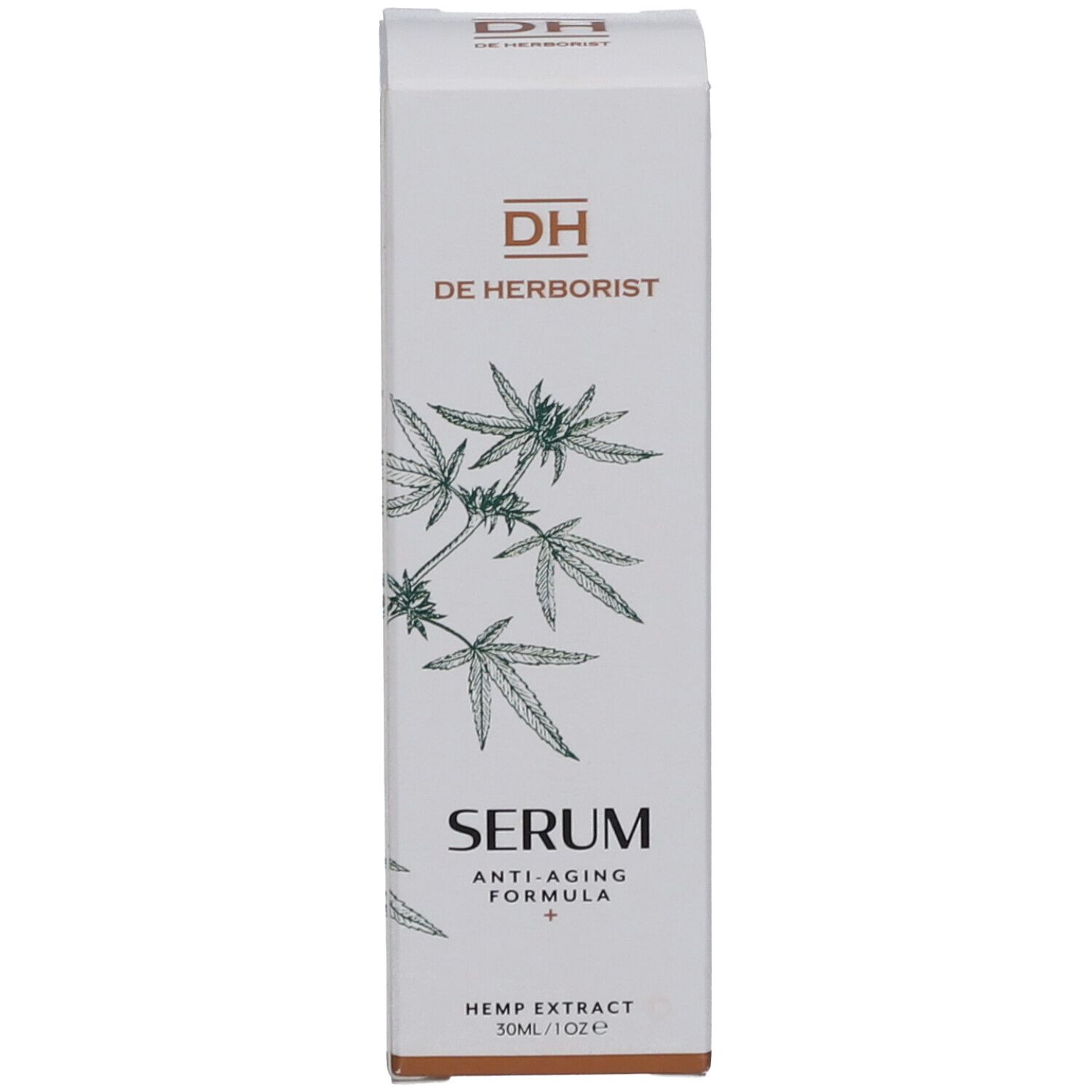 Emballage blanc avec inscription : DH, DE HERBORIST, Sérum, Anti-âge, Extrait de chanvre, 50ml/1oz.