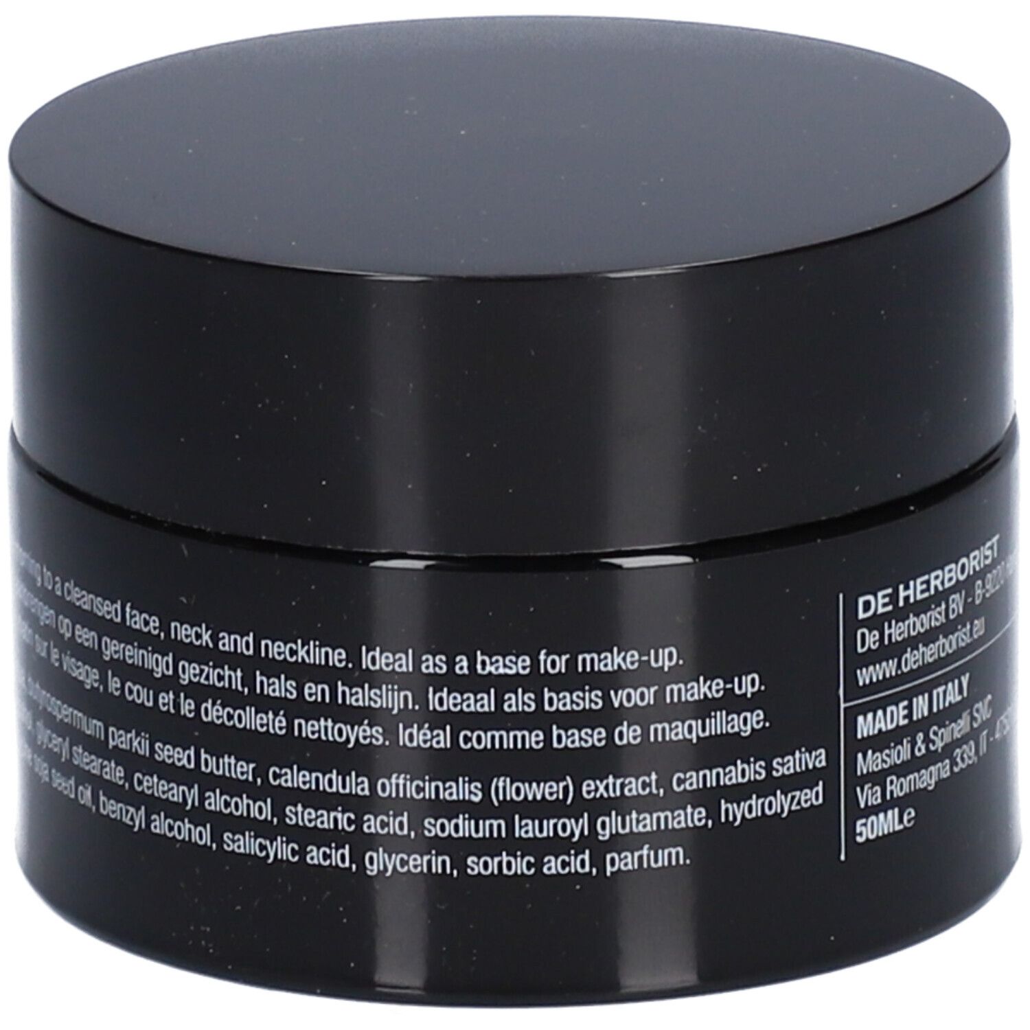 Pot noir avec couvercle. Inscription : Ingrédients. Texte en anglais, néerlandais et français. 50ml.