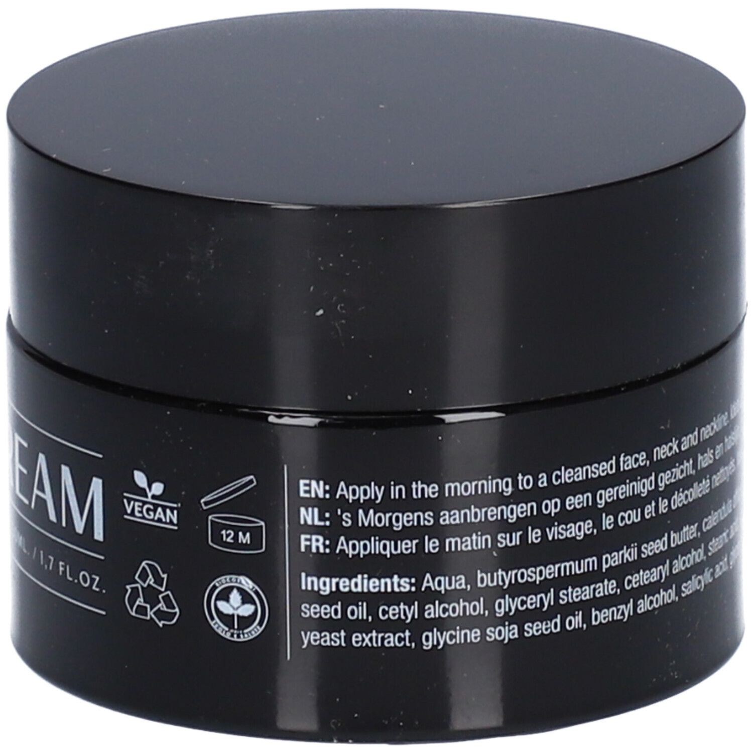 Pot noir avec couvercle. Inscription : Conseils d'utilisation en anglais, néerlandais et français. Label végan.