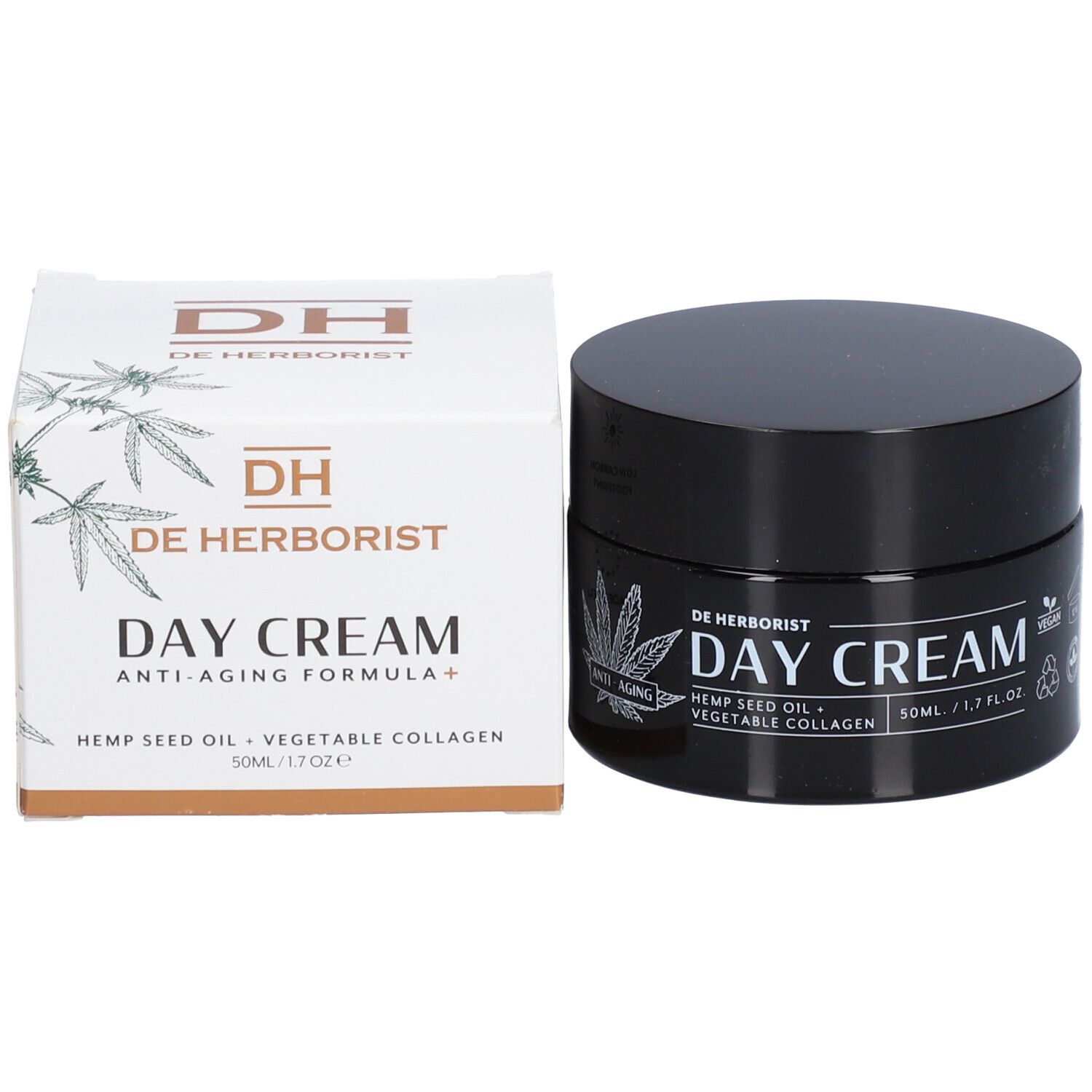 Pot noir et boîte. Inscription : DE HERBORIST, DAY CREAM, huile de graines de chanvre + collagène végétal. Formule anti-âge.