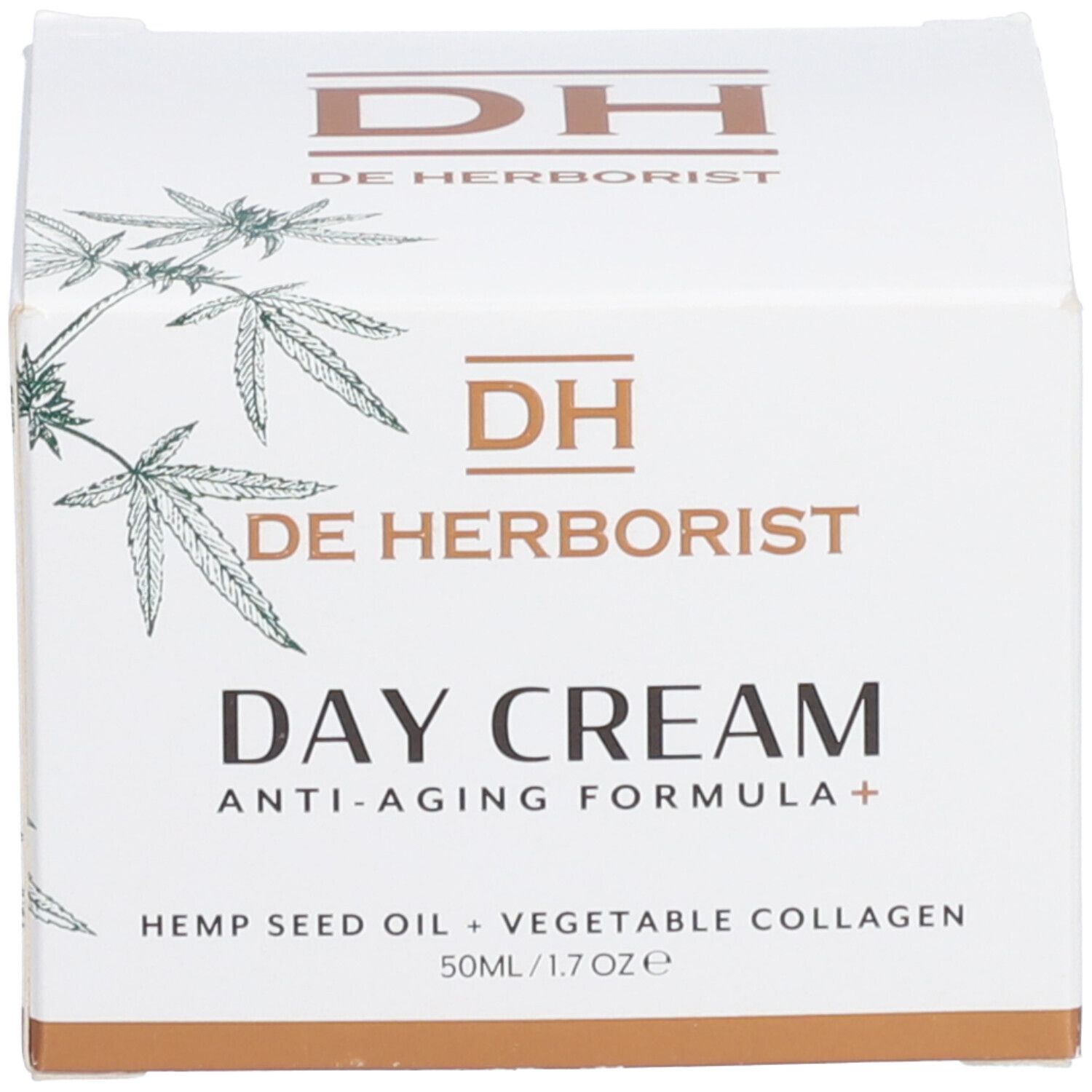 Boîte blanche. Inscription : DE HERBORIST, DAY CREAM, huile de graines de chanvre + collagène végétal. Formule anti-âge.