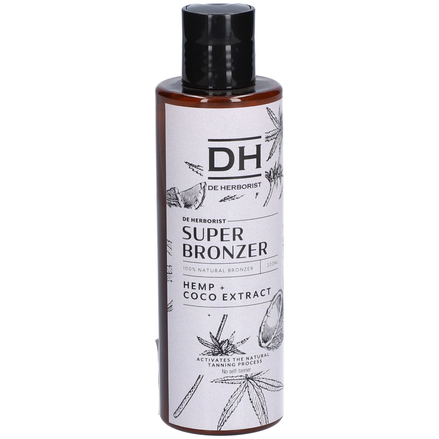 Flacon brun, bouchon noir. Étiquette avec logo DH, « Super Bronzer », extrait de chanvre et de coco. 200ml.