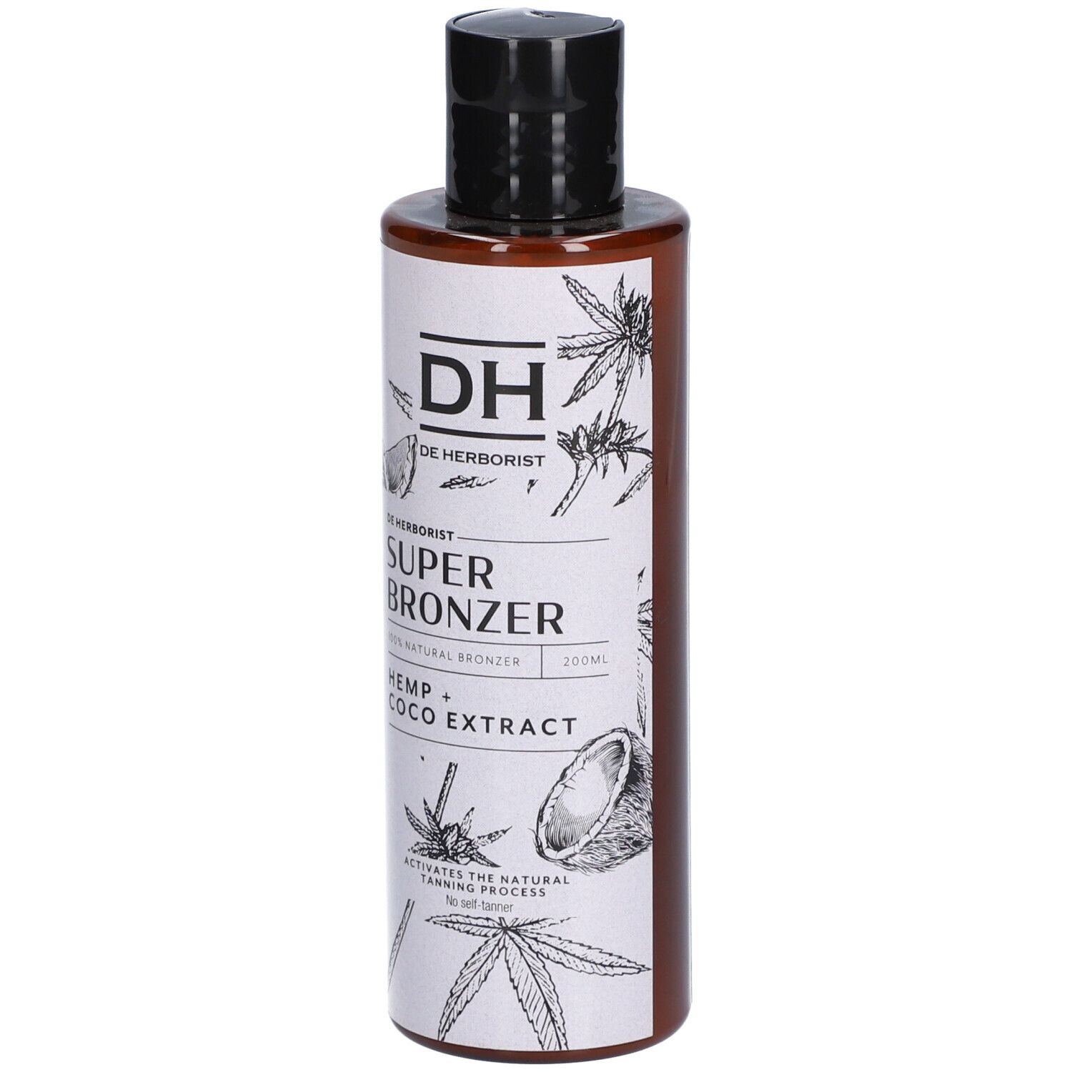 Flacon brun, bouchon noir. Étiquette avec logo DH, « Super Bronzer », extrait de chanvre et de coco. 200ml.