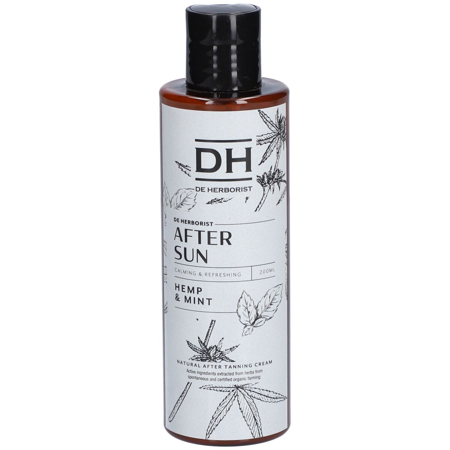 Bruine fles met zwarte dop. Opschrift: After Sun, Hemp & Mint. Illustraties van bladeren en planten.