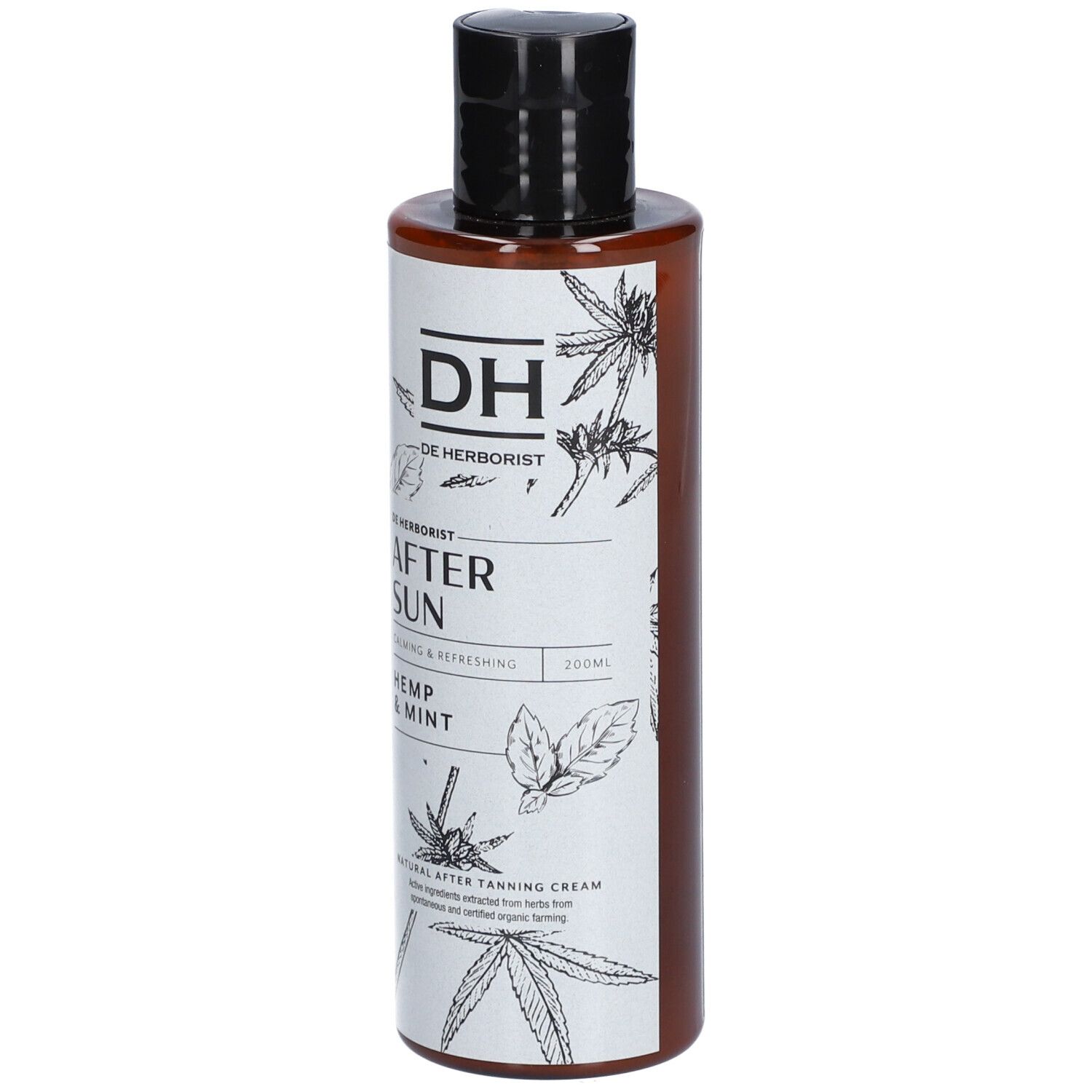 Bruine fles met zwarte dop. Opschrift: After Sun, Hemp & Mint. Illustraties van bladeren en planten.