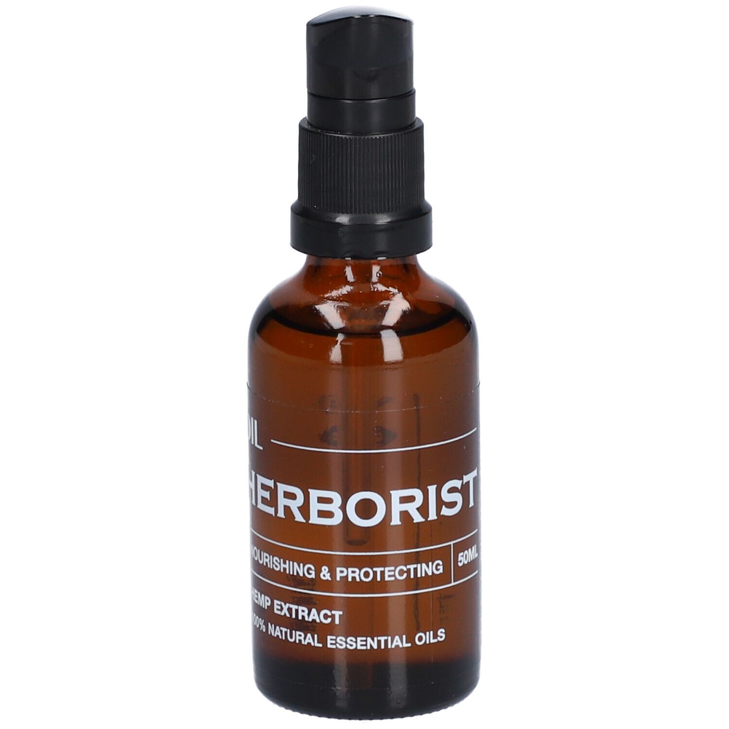 Flacon en verre brun avec pompe noire. Inscription: HERBORIST, Hemp Extract, 50ml.
