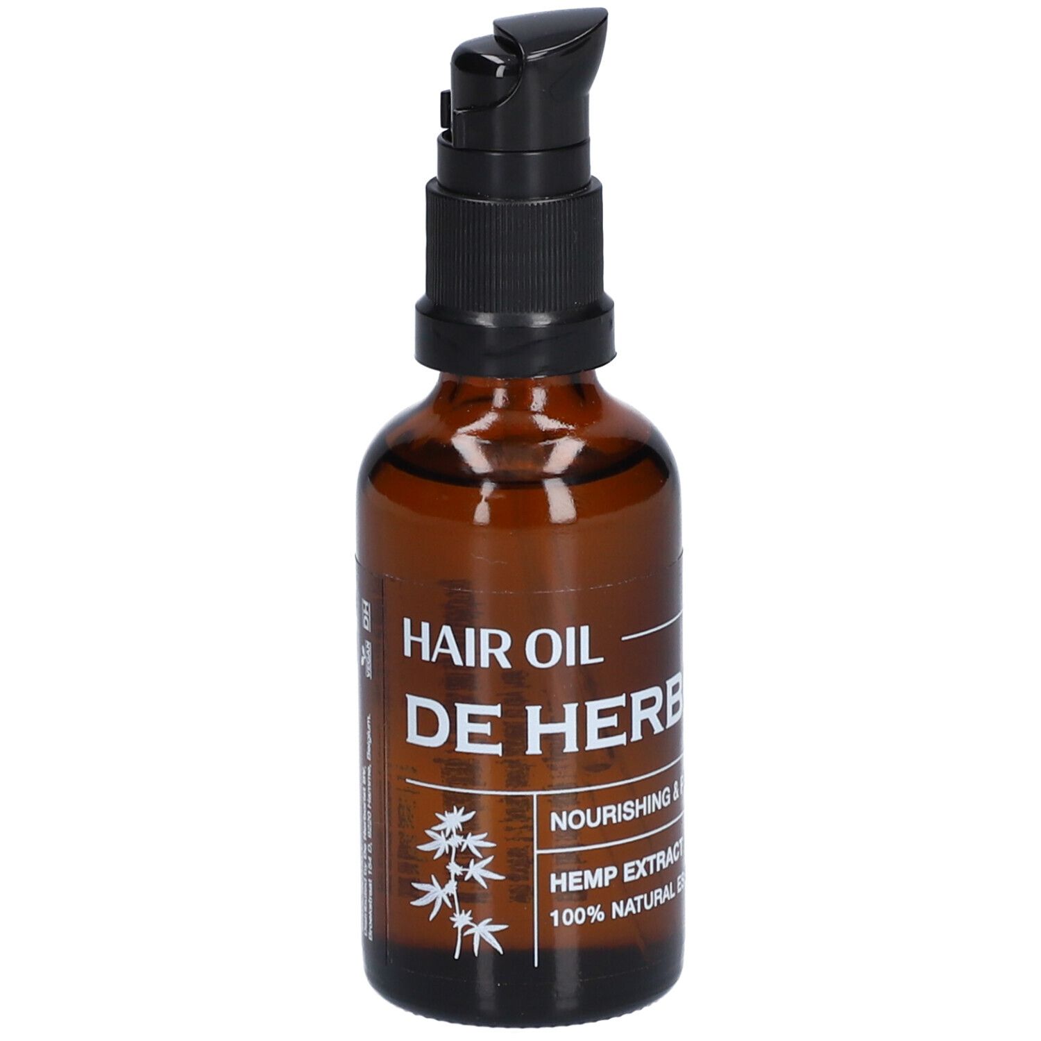 Flacon en verre brun avec pompe noire. Inscription: HAIR OIL, DE HERBORIST, Hemp Extract.