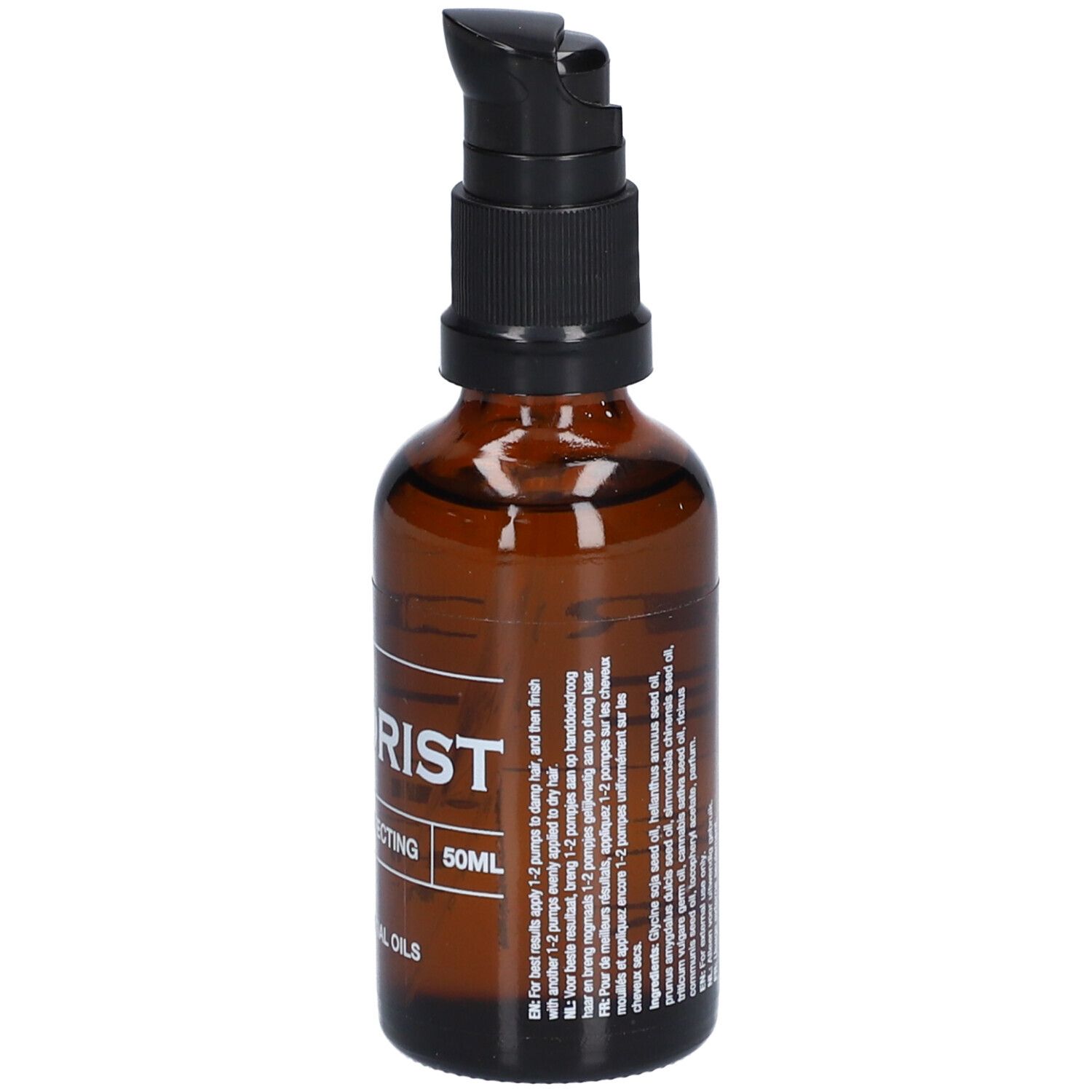 Flacon en verre brun avec pompe noire. Inscription: HERBORIST, 50ml. Texte multilingue.