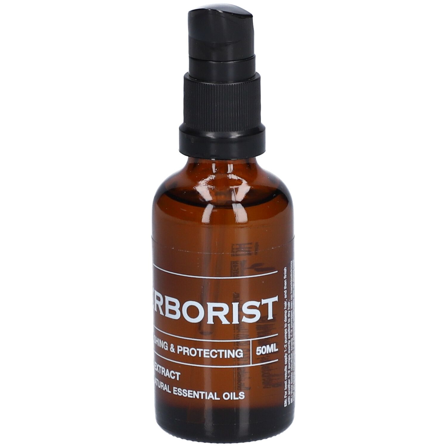 Flacon en verre brun avec pompe noire. Inscription: HERBORIST, 50ml.