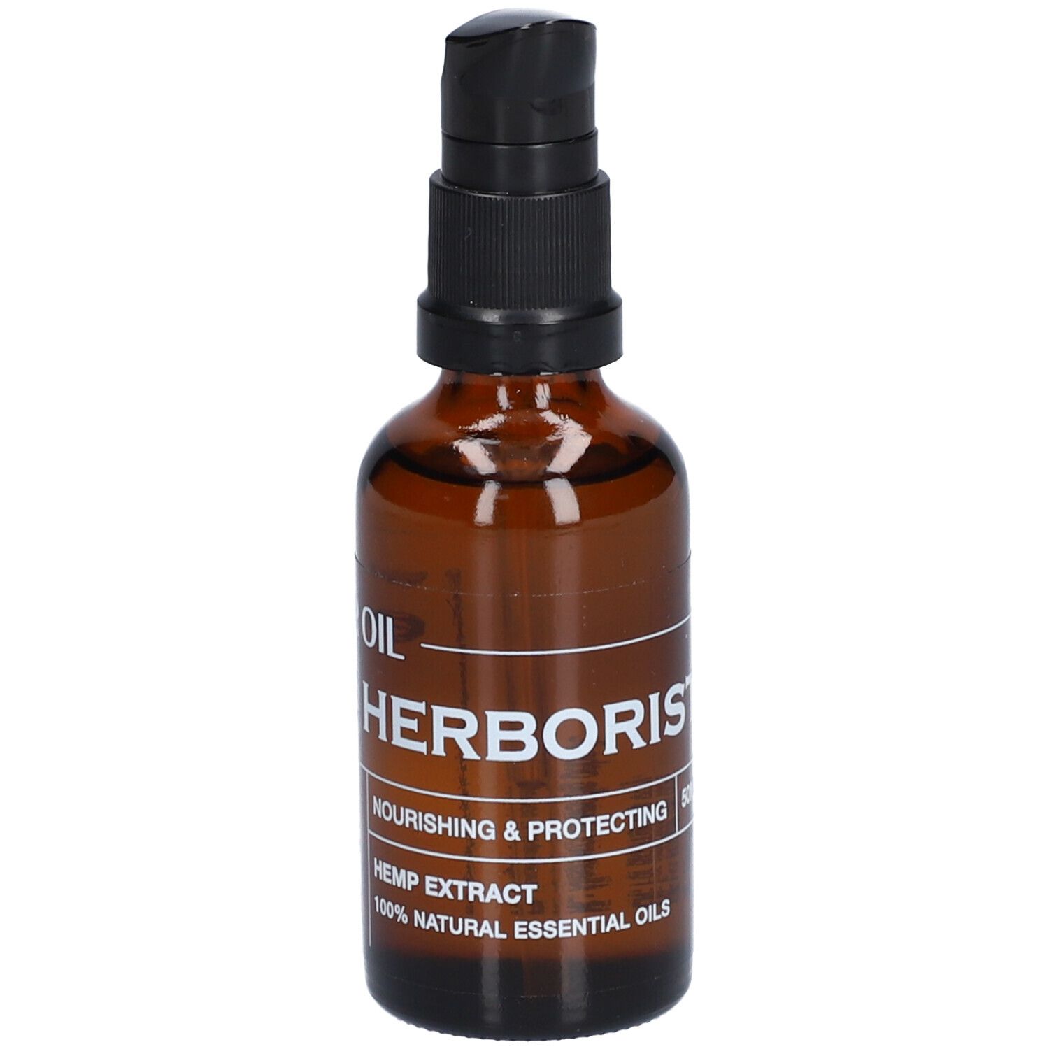 Flacon en verre brun avec pompe noire. Inscription: HERBORIST, 50ml.