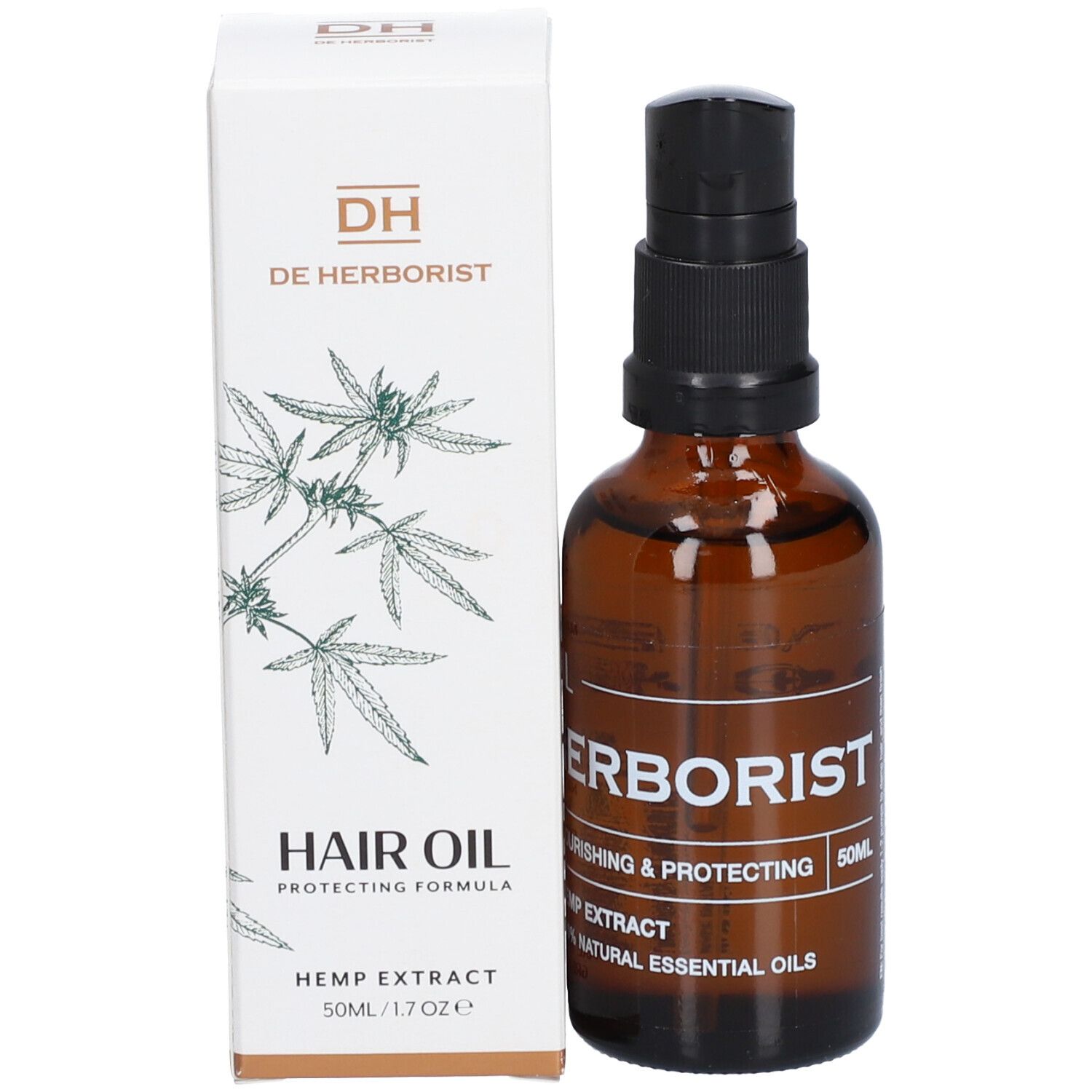 Flacon en verre brun avec pompe noire et carton. Inscription: DE HERBORIST, HAIR OIL, 50ml.