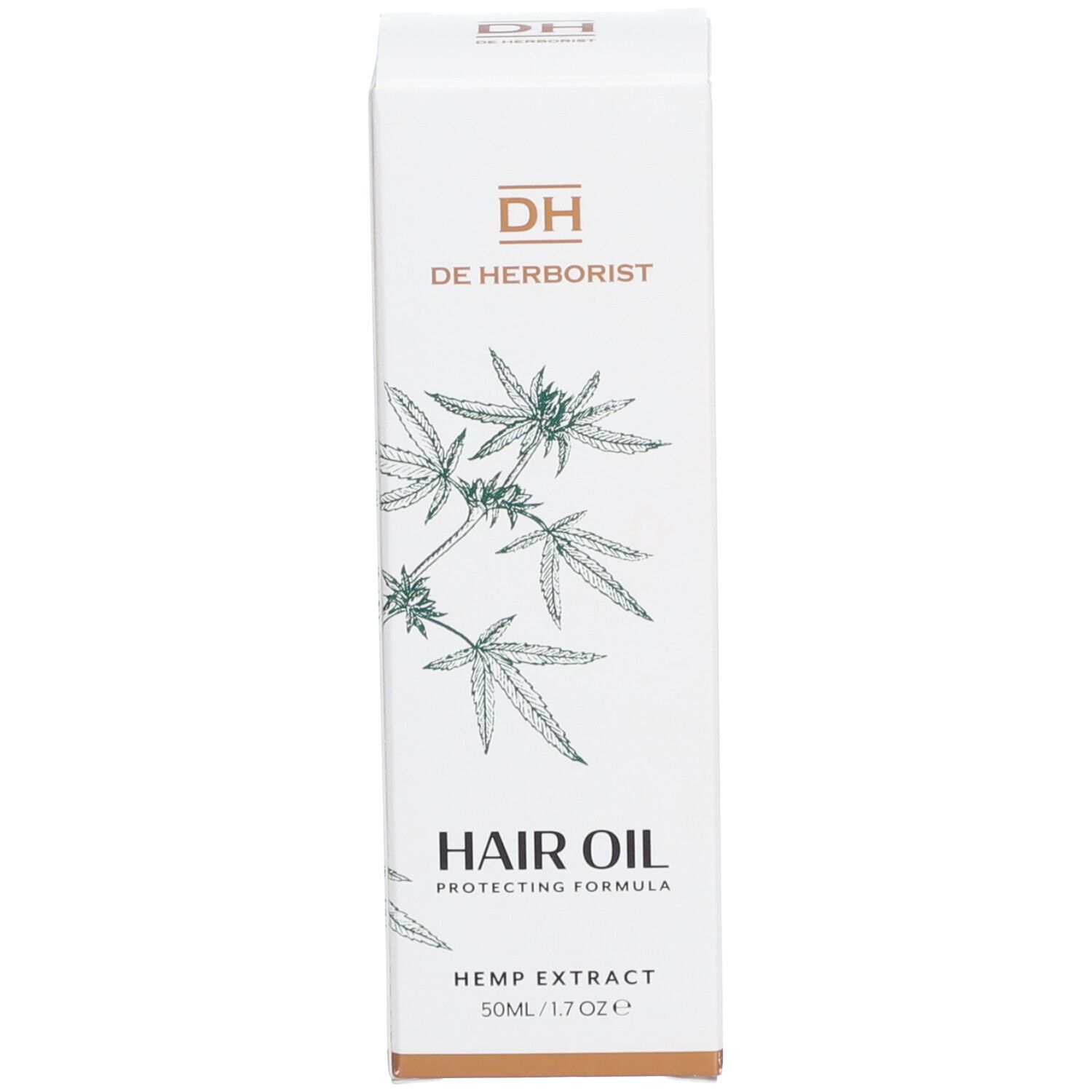 Boîte blanche avec inscription: DE HERBORIST, HAIR OIL, Hemp Extract, 50ml.