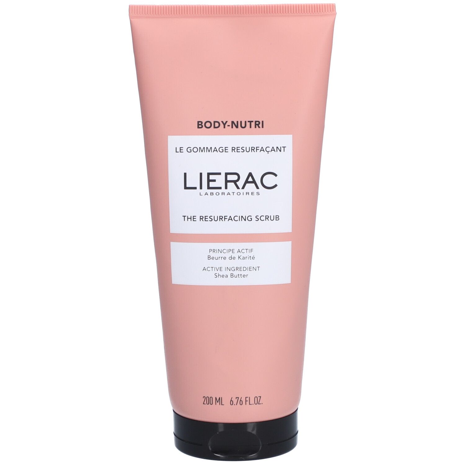 Tube rose avec bouchon noir. Texte: BODY-NUTRI, LIERAC, THE RESURFACING SCRUB, PRINCIPE ACTIF, Beurre de Karité, Shea Butter.