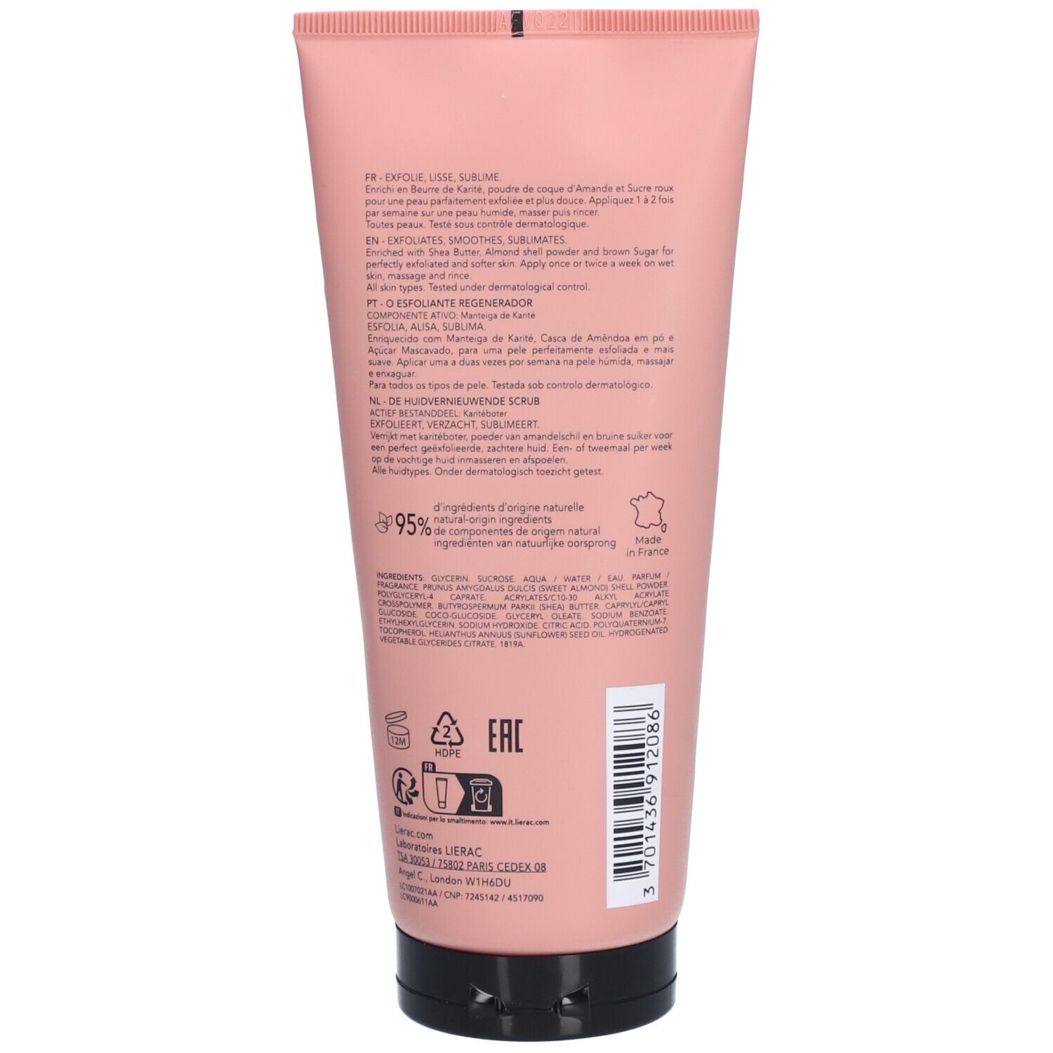 Dos du tube. Texte: Ingrédients, 95% ingrédients d'origine naturelle, Made in France, LIERAC.