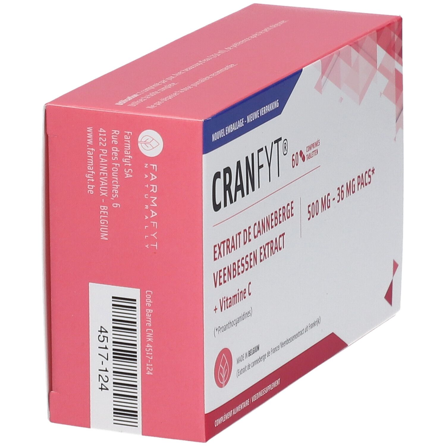 Schuin geplaatste roze doos met Cranfyt-logo en tekst. Bevat 60 tabletten. Opschrift: Cranberry extract en vitamine C.