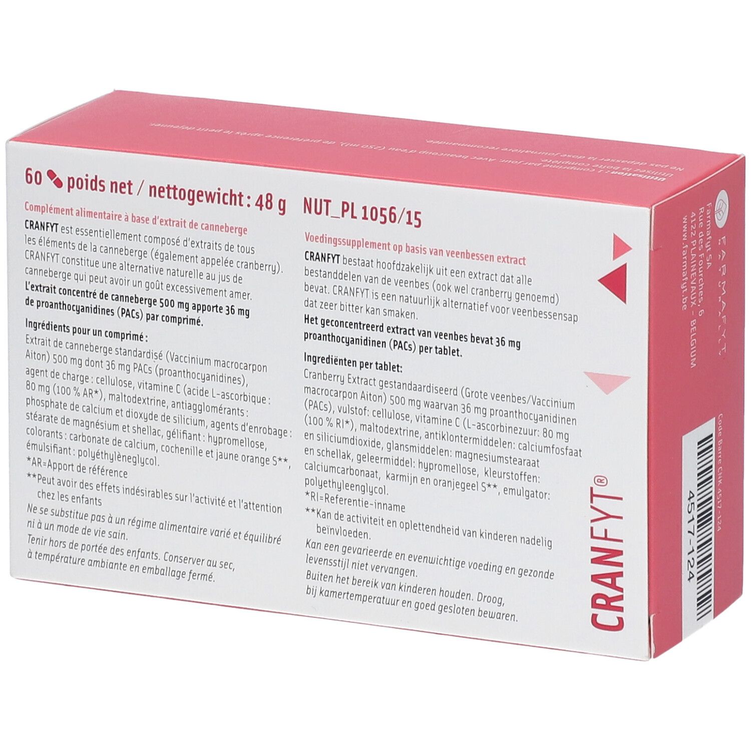 Achterkant van een roze doos met Cranfyt-logo en tekst. Bevat 60 tabletten. Opschrift: Cranberry extract en vitamine C.