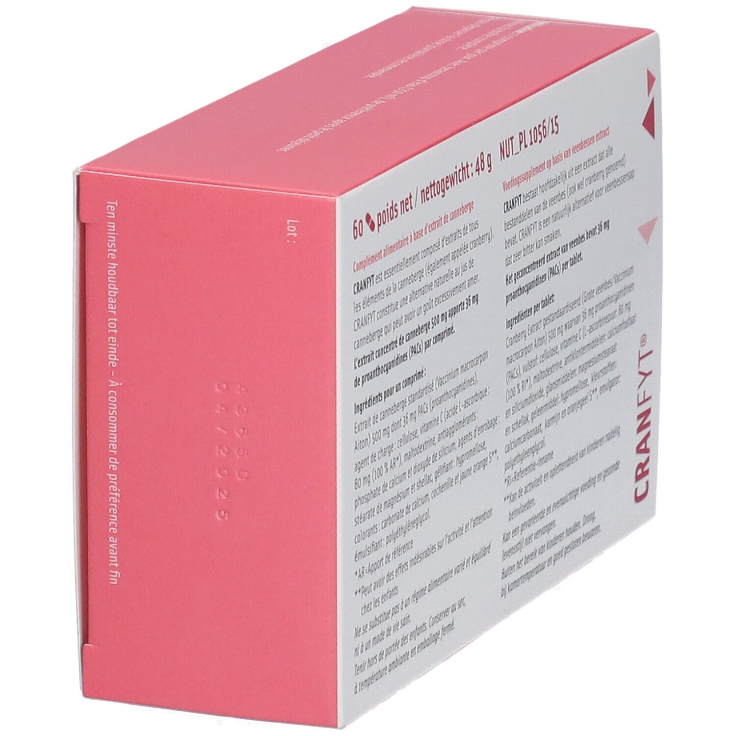 Schuin geplaatste roze doos met Cranfyt-logo en tekst. Bevat 60 tabletten. Opschrift: Cranberry extract en vitamine C.