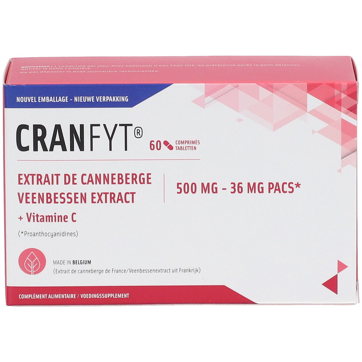 Roze doos met Cranfyt-logo en tekst. Bevat 60 tabletten. Opschrift: Cranberry extract en vitamine C.