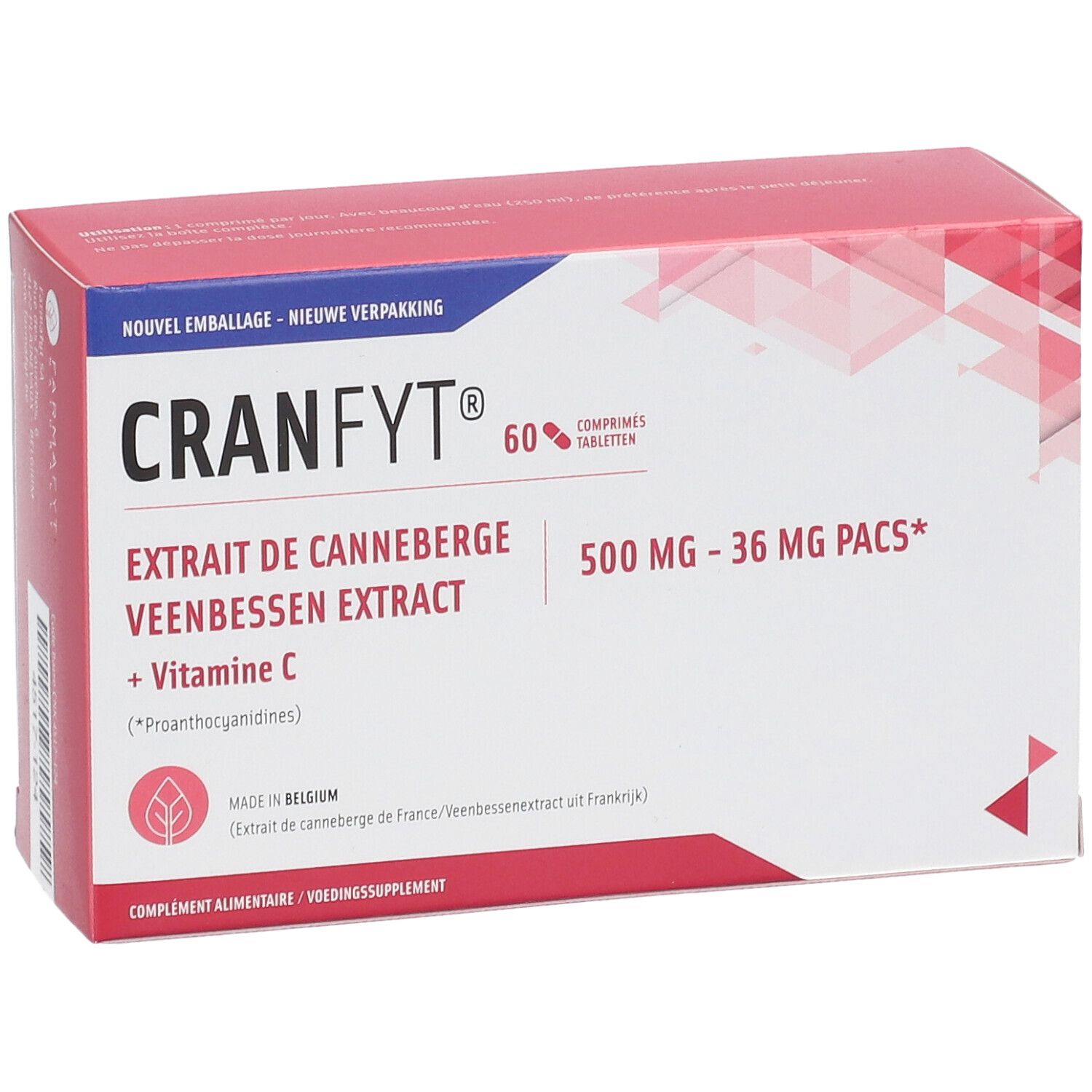 Roze doos met Cranfyt-logo en tekst. Bevat 60 tabletten. Opschrift: Cranberry extract en vitamine C.
