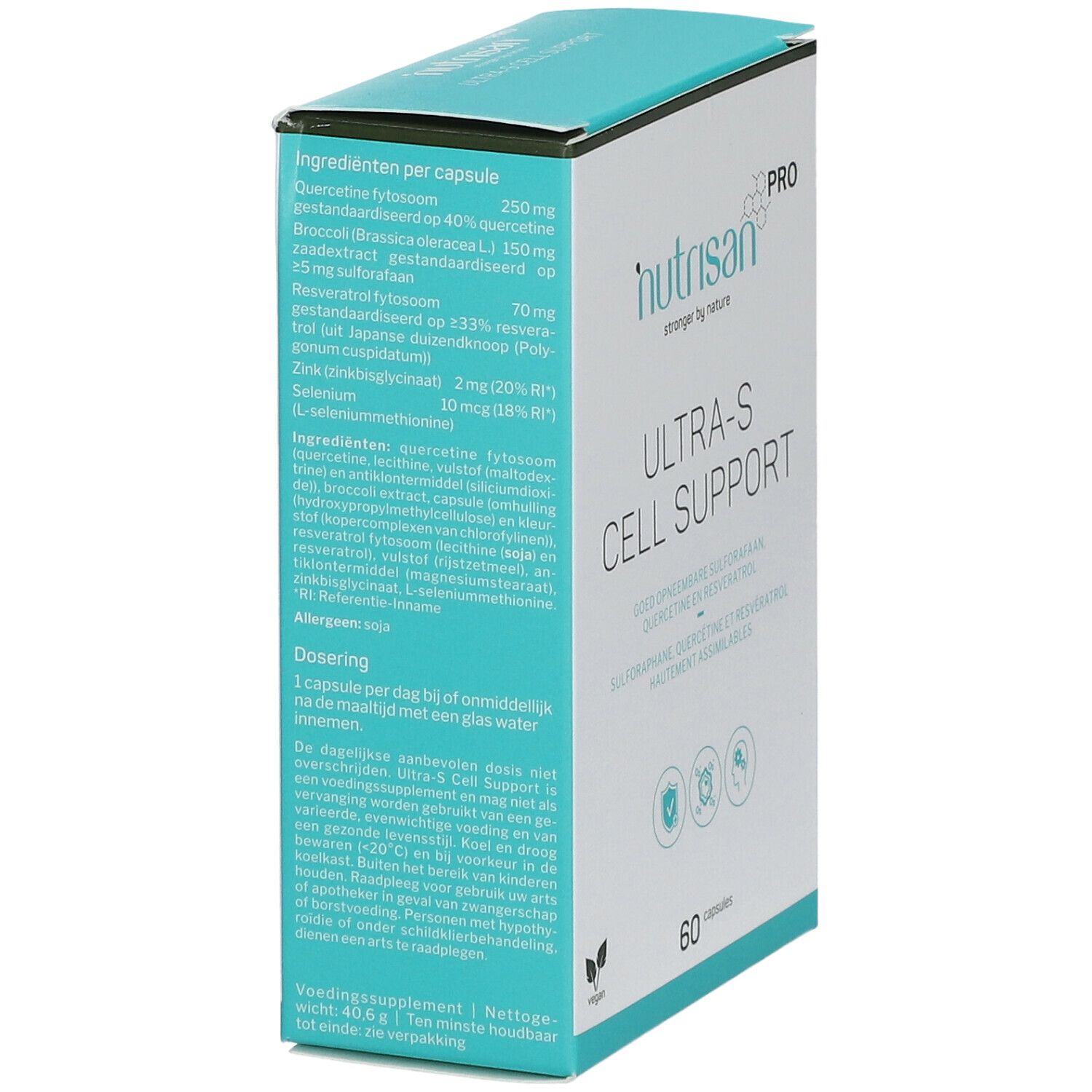 Doos NUTRISAN Pro Ultra-S Cell Support. Ingrediëntenlijst en dosering. Opschrift: Ultra-S Cell Support. Vegan-zegel.