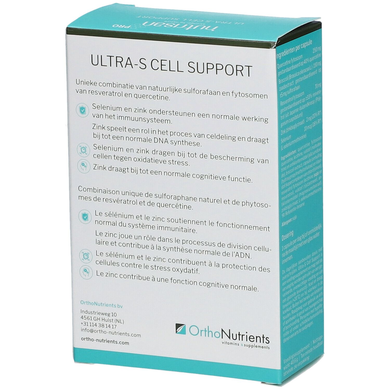 Achterkant van de doos NUTRISAN Pro Ultra-S Cell Support. Tekst over ingrediënten en effecten. OrthoNutrients logo.