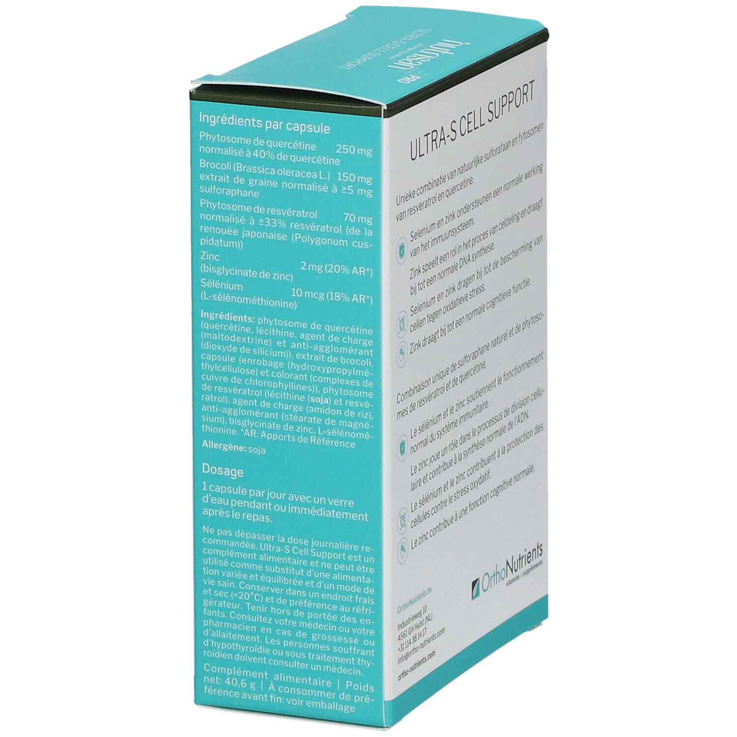 Doos NUTRISAN Pro Ultra-S Cell Support. Ingrediëntenlijst en tekst. Opschrift: Ultra-S Cell Support. OrthoNutrients logo.