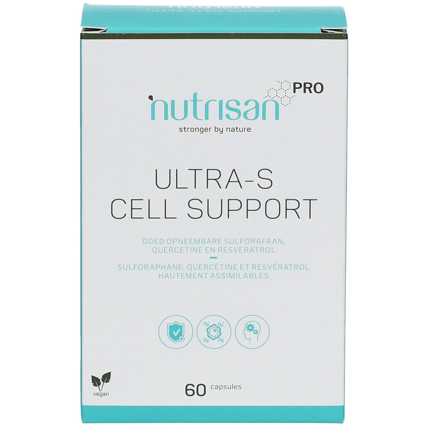 Doos NUTRISAN Pro Ultra-S Cell Support. Opschrift: Ultra-S Cell Support. Bevat 60 capsules. Vegan-zegel.