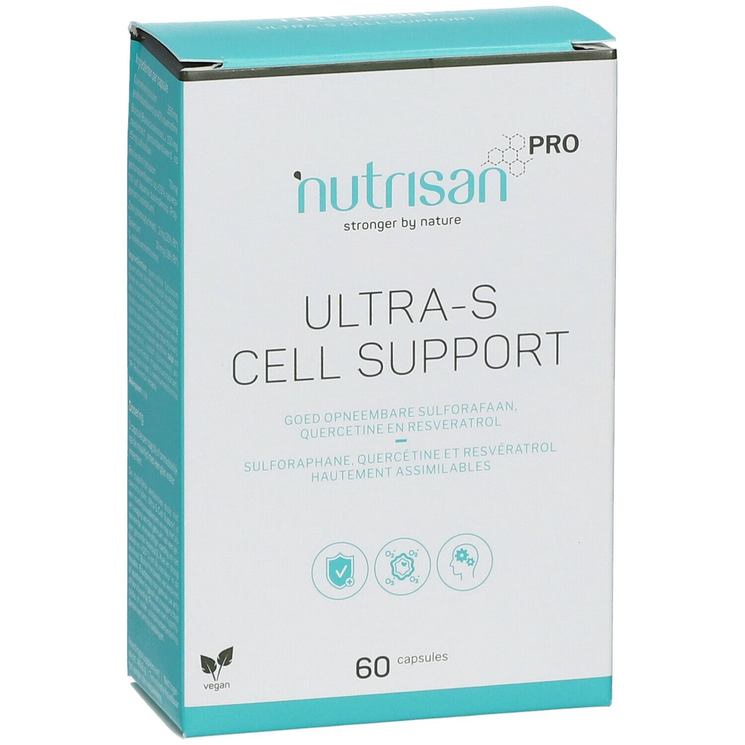 Doos NUTRISAN Pro Ultra-S Cell Support. Opschrift: Ultra-S Cell Support. Bevat 60 capsules. Vegan-zegel.