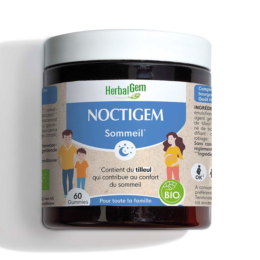 Bruine pot met witte deksel. NOCTIGEM, HerbalGem. Bevat 60 gummies. Bio-certificering.