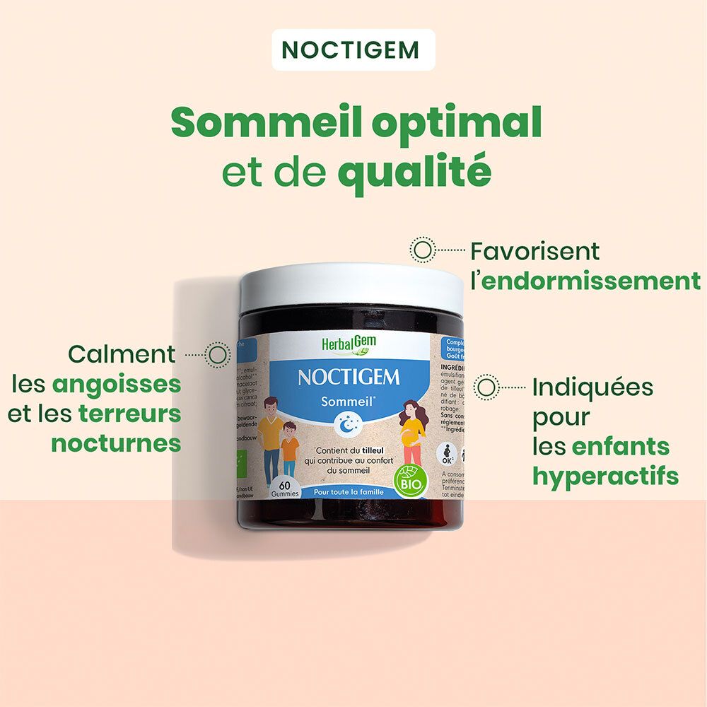 Afbeelding met tekst. NOCTIGEM, HerbalGem. Optimale slaap. Kalmeert angsten. Voor hyperactieve kinderen.