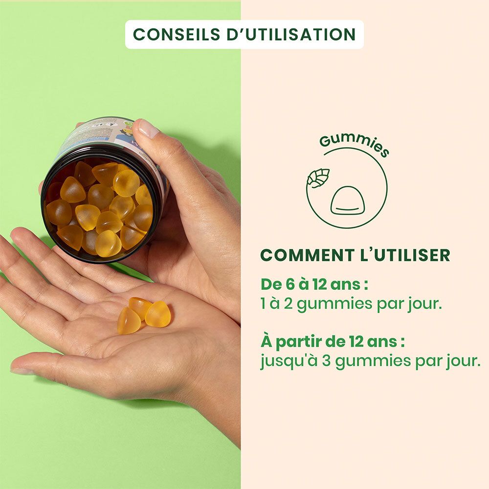 Hand met gummies. Gebruiksaanwijzing: 1-2 gummies voor 6-12 jaar, tot 3 voor ouderen.