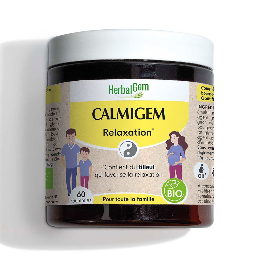 Bruine pot met witte deksel. Opschrift CALMIGEM Relaxation, HerbalGem. Bevat 60 gummies. Bio-certificering.