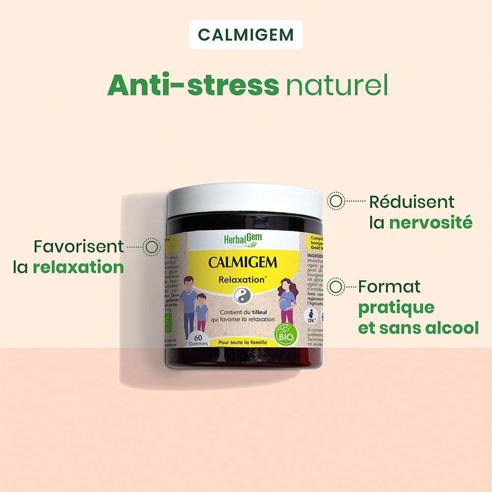 Pot CALMIGEM, HerbalGem, avec texte : Anti-stress naturel. Texte : Favorise la relaxation. 60 gommes. Sans alcool.