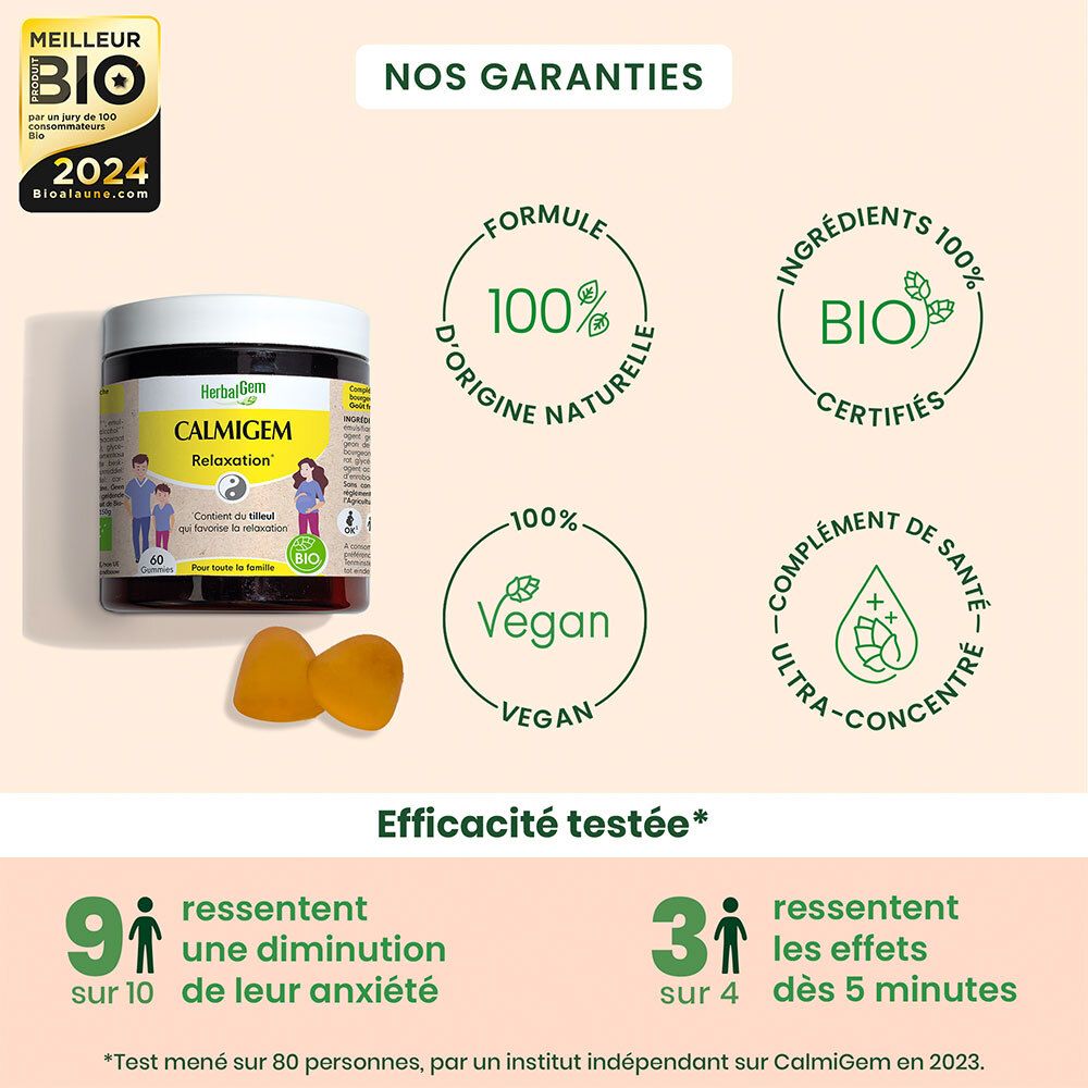 Pot CALMIGEM, HerbalGem. Bio-certificeringen. Tekst: 9 op 10 verminderen angst. 3 op 4 voelen effecten na 5 minuten.