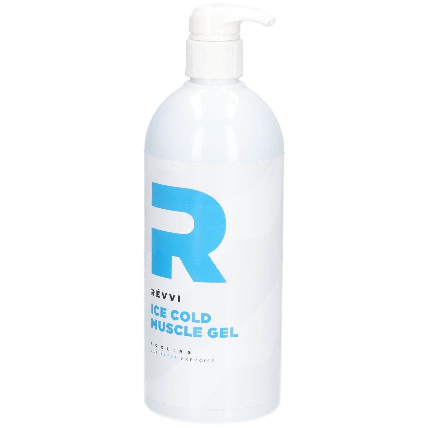 Weißer Flakon mit blauem "R"-Logo und Text: RÉVVI ICE COLD MUSCLE GEL. Mit Pumpverschluss. Kühlend, nach dem Training.