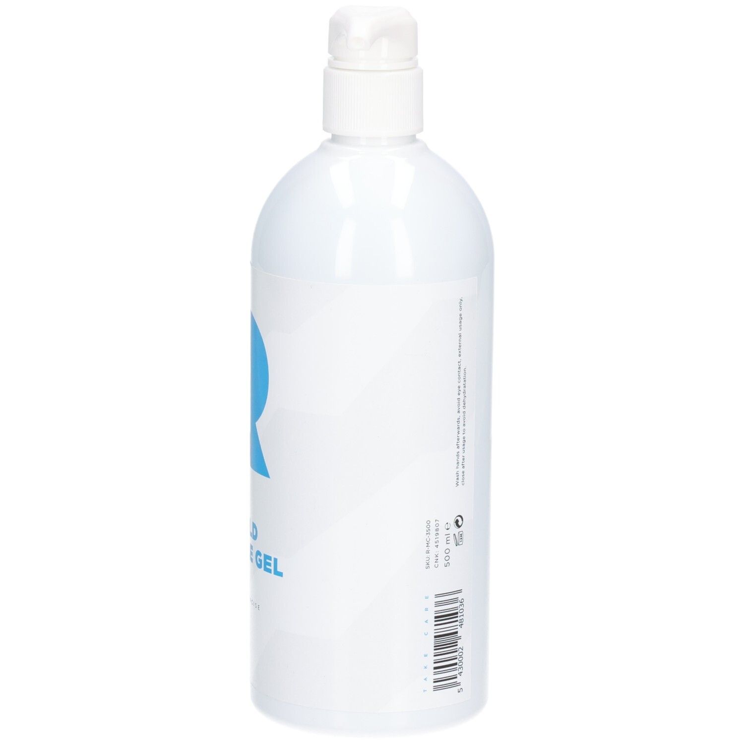 Rückseite eines weißen Flakons mit blauem "R"-Logo und Text: RÉVVI ICE COLD MUSCLE GEL. Pumpverschluss.