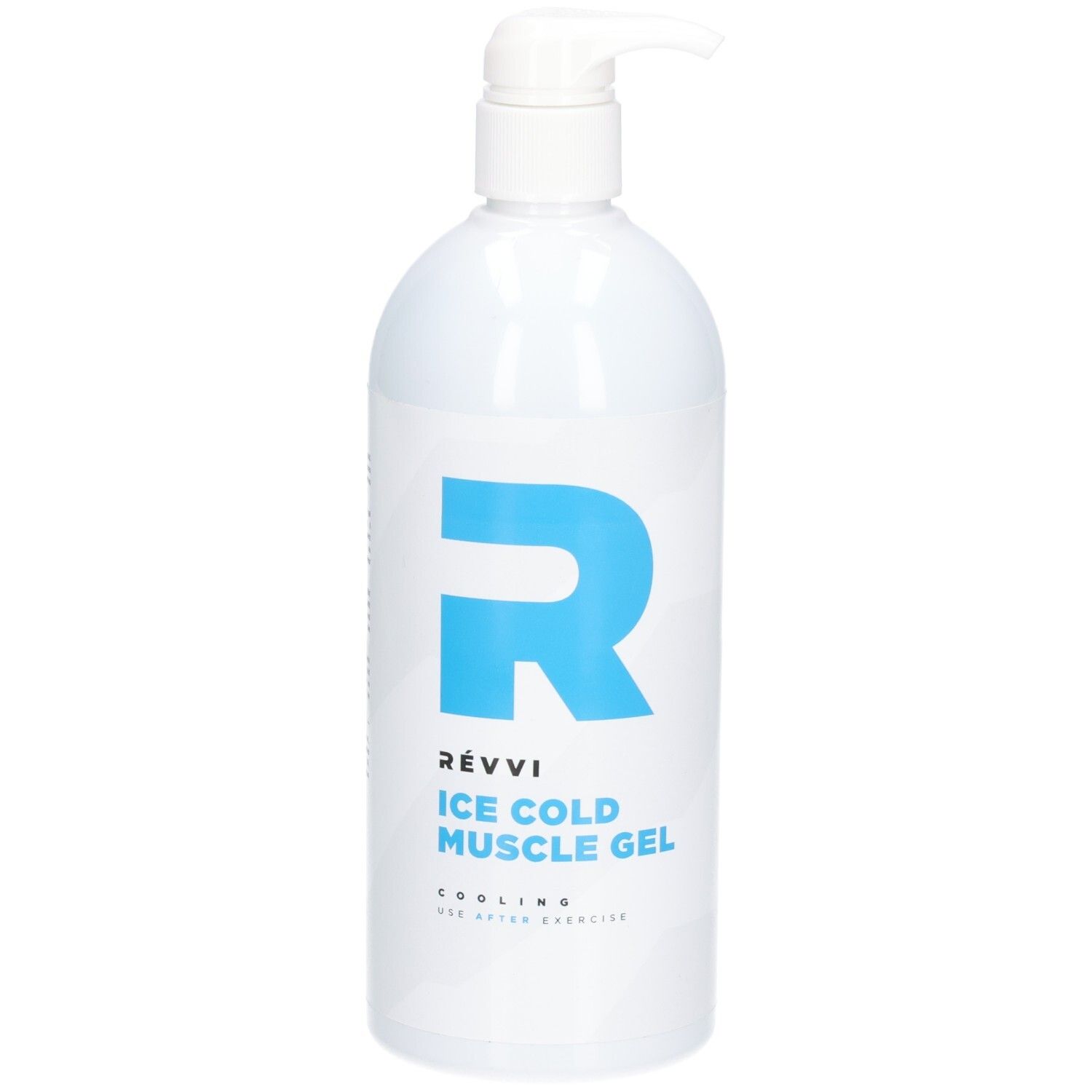 Weißer Flakon mit blauem "R"-Logo und Text: RÉVVI ICE COLD MUSCLE GEL. Mit Pumpverschluss. Kühlend, nach dem Training.