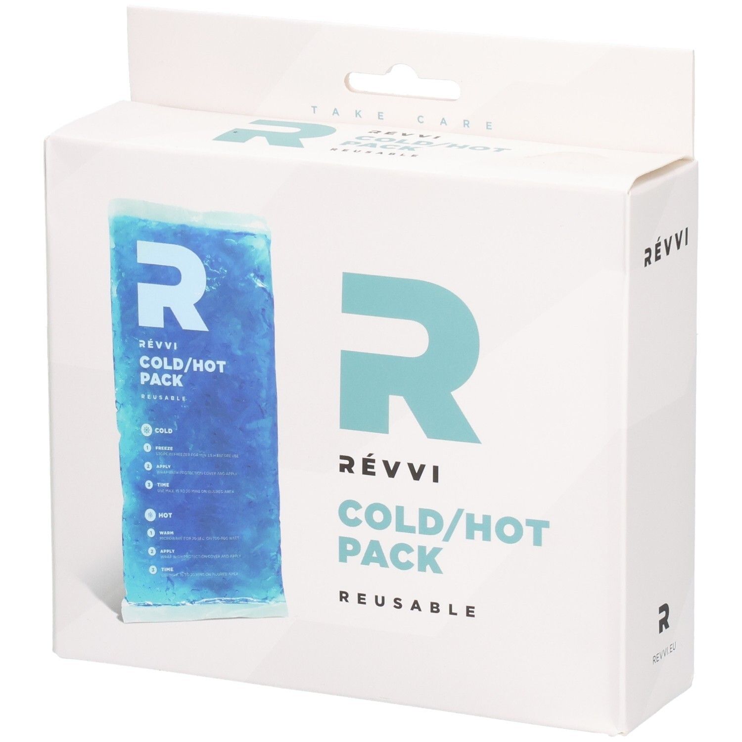 RÉVVI Cold/Hot Pack in weißer Verpackung. Blaues Gelpack. Wiederverwendbar. Logo und Text auf der Verpackung.