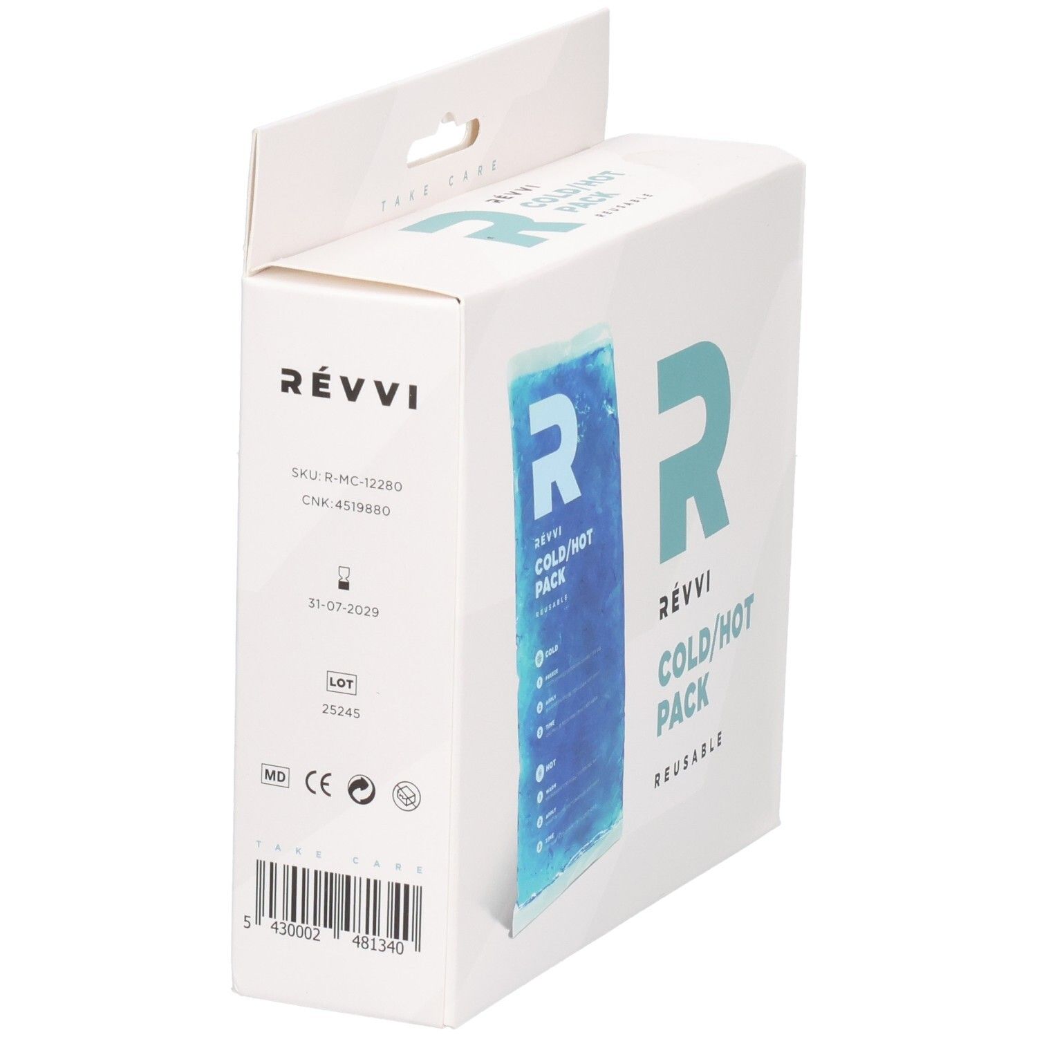 RÉVVI Cold/Hot Pack Verpackung. Rückseite mit Produktinformationen. QR-Code. Weißer Karton mit blauem Gelpack.