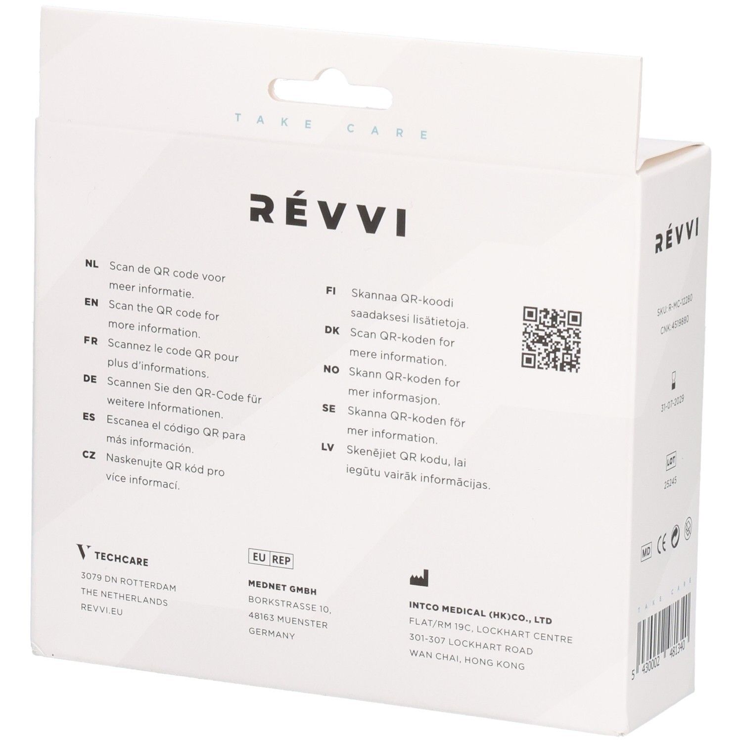 Rückseite der RÉVVI Cold/Hot Pack Verpackung. Mehrsprachige Texte. QR-Code. Herstellerinformationen. Weißer Karton.