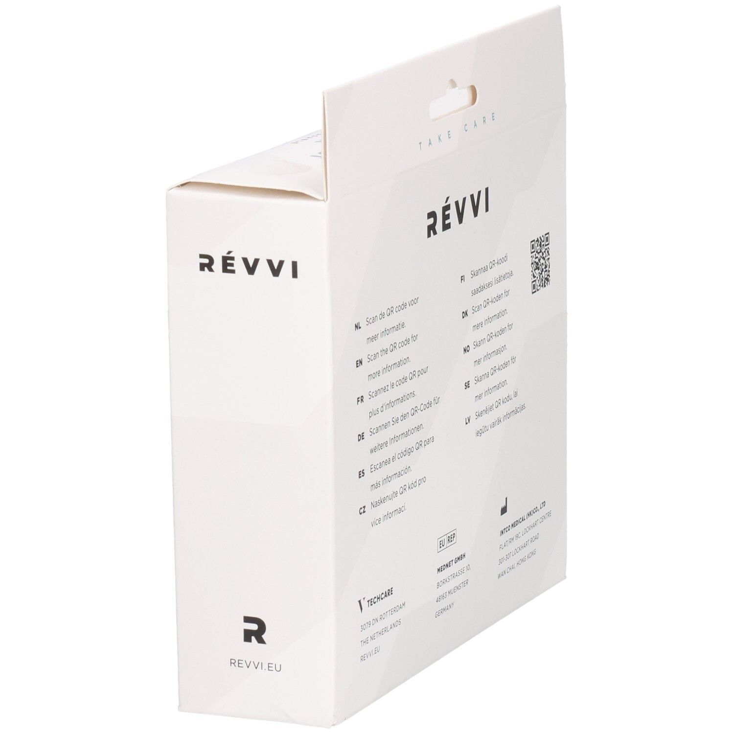 RÉVVI Cold/Hot Pack Verpackung. Seite mit Logo und Text. Weißer Karton. QR-Code. Herstellerinformationen.