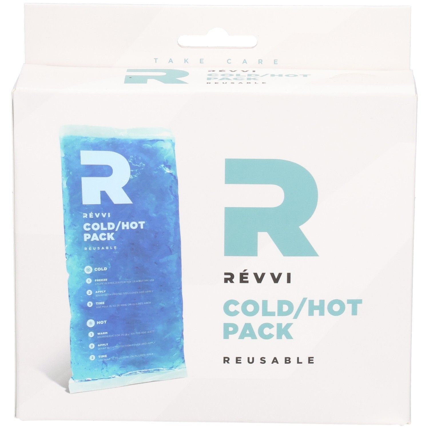 RÉVVI Cold/Hot Pack in weißer Verpackung. Blaues Gelpack. Wiederverwendbar. Logo und Text auf der Verpackung.