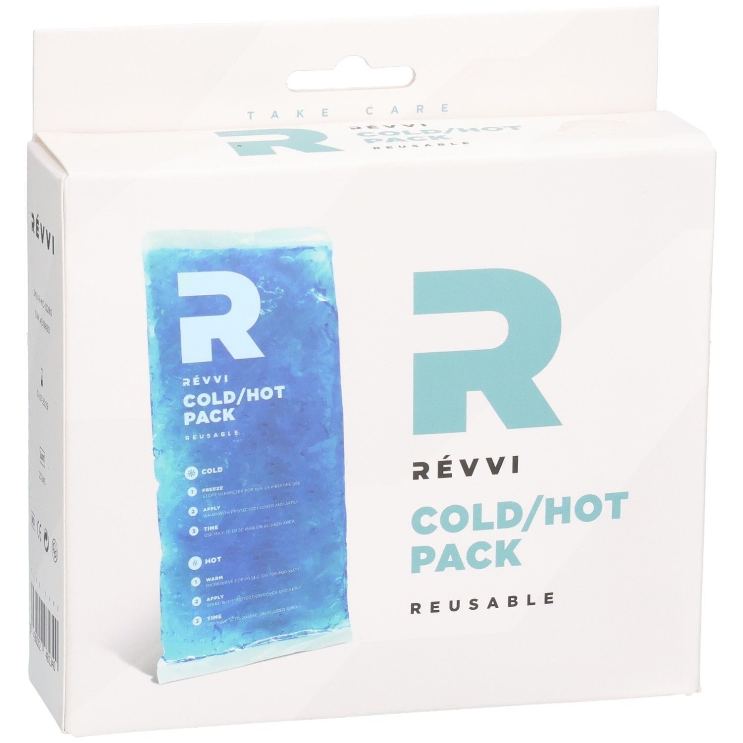RÉVVI Cold/Hot Pack in weißer Verpackung. Blaues Gelpack. Wiederverwendbar. Logo und Text auf der Verpackung.