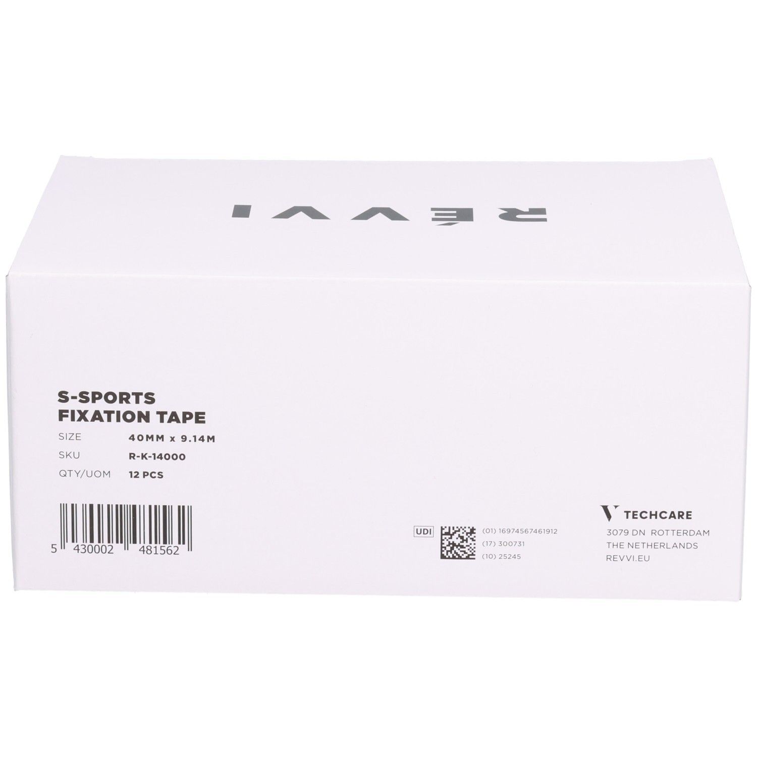 Weiße Box mit Text: RÉVVI, S-SPORTS FIXATION TAPE, 40mm x 9.14m, 12 Stück. Barcode und Kontaktinformationen. Produktverpackung.