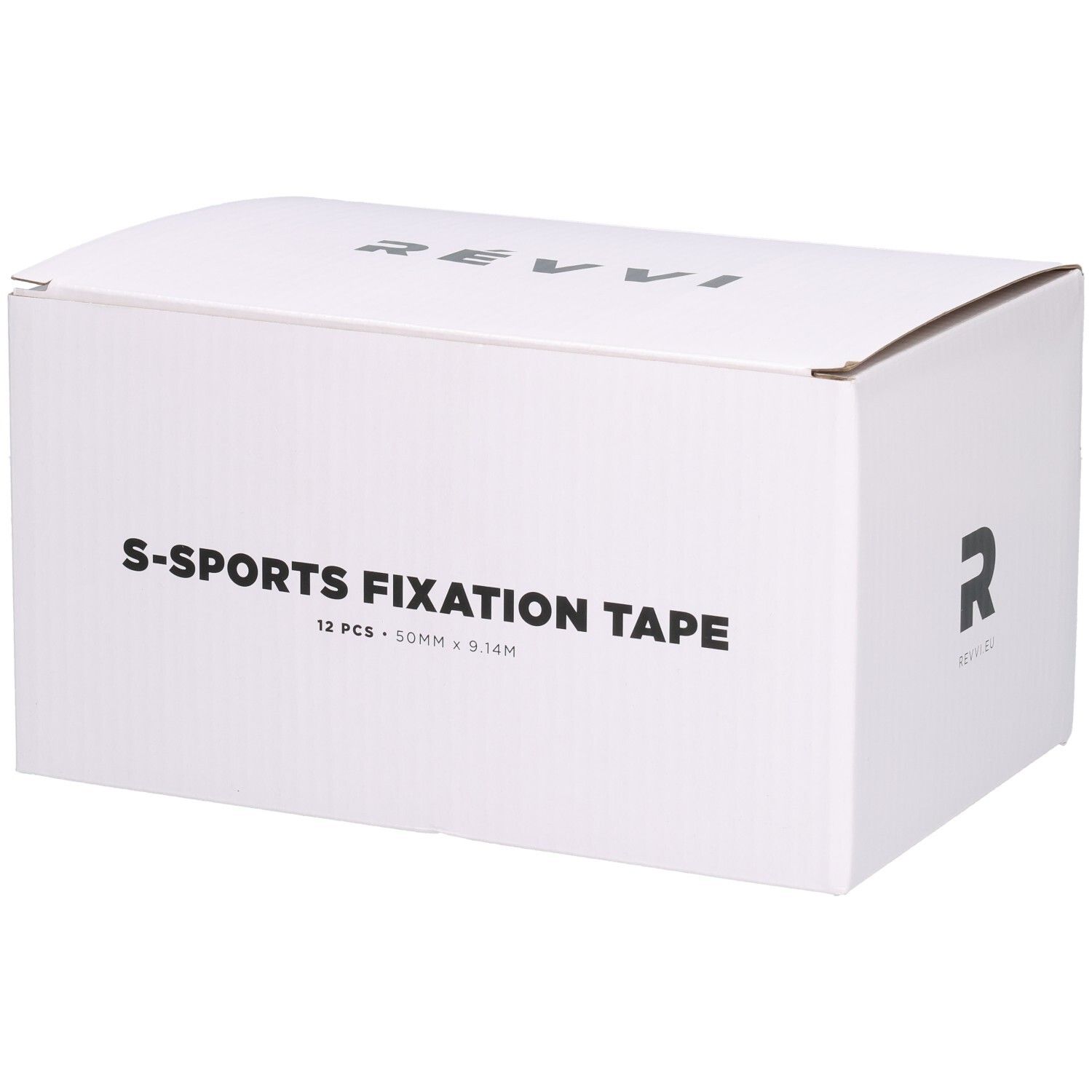Weiße Box mit Aufschrift S-SPORTS FIXATION TAPE, 12 Stück, 50 mm x 9,14 m. Logo Révvi.