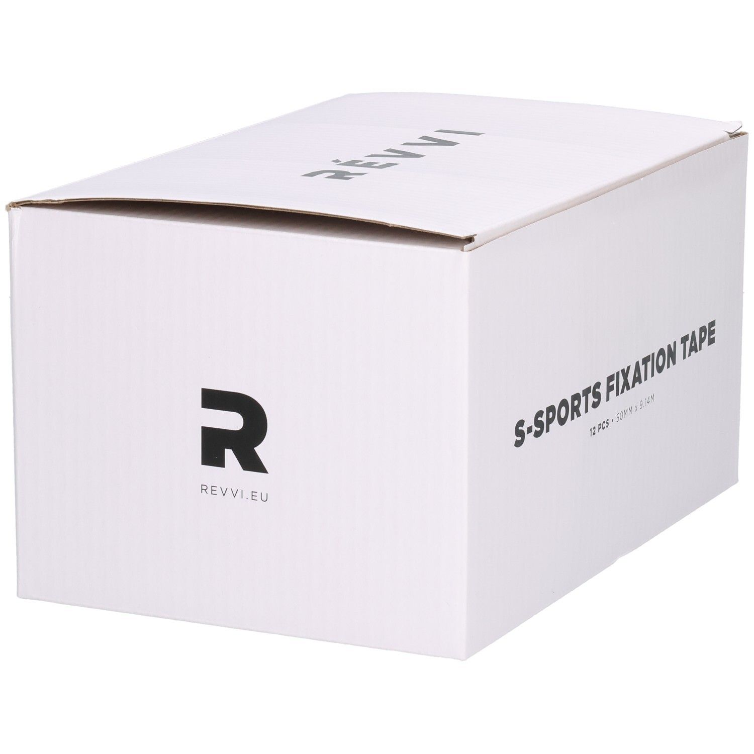 Weiße Box mit Aufschrift S-SPORTS FIXATION TAPE, 12 Stück, 50 mm x 9,14 m. Logo Révvi.